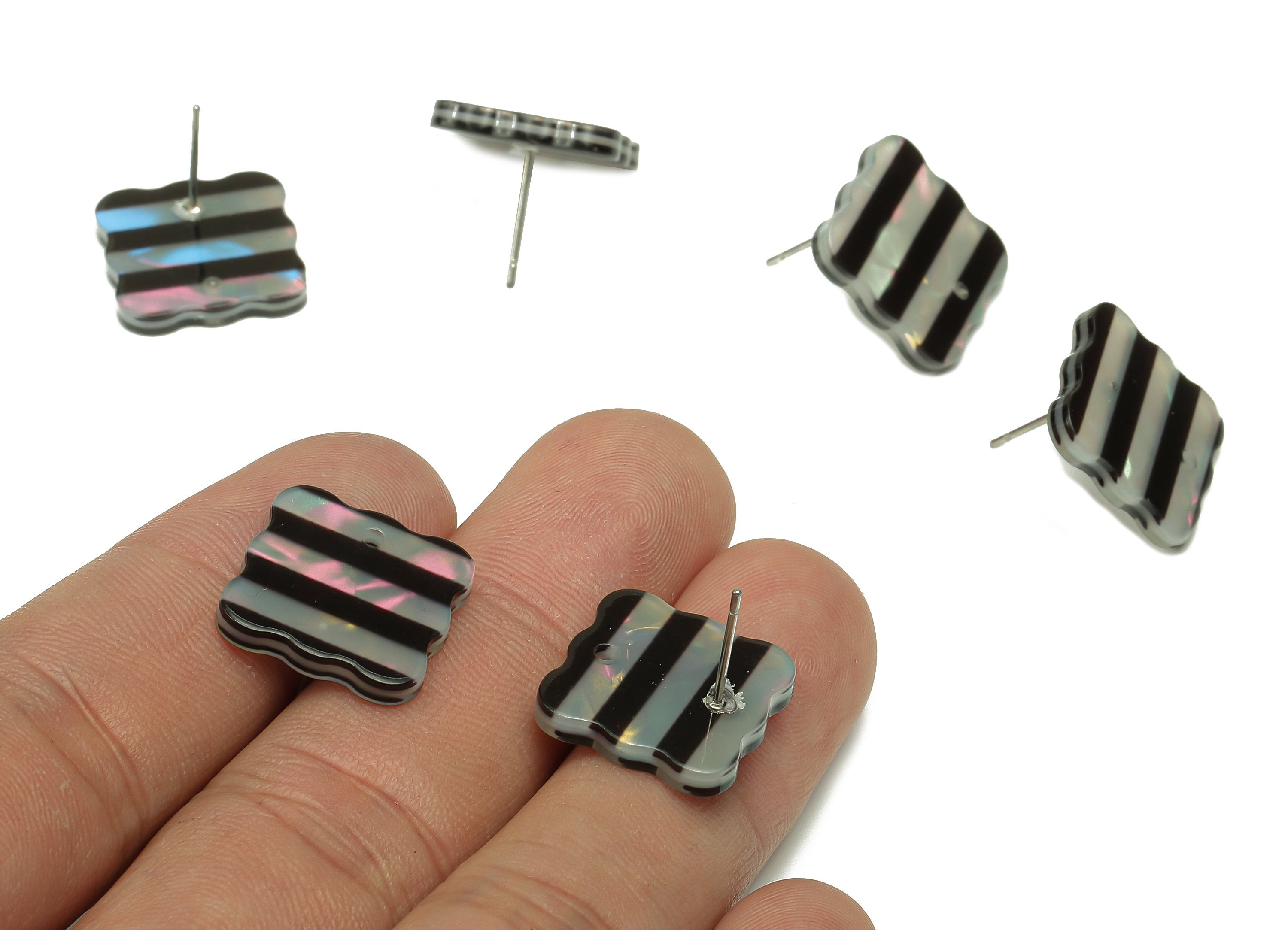 PVC Wave Square Earring Post - Black Stripe Stud Earring With Hole - 316 Stainless Steel - Color Code: A859 - 15.9x15.8x2.5mm - AC2535-A859 - DOMEDBAZAAR