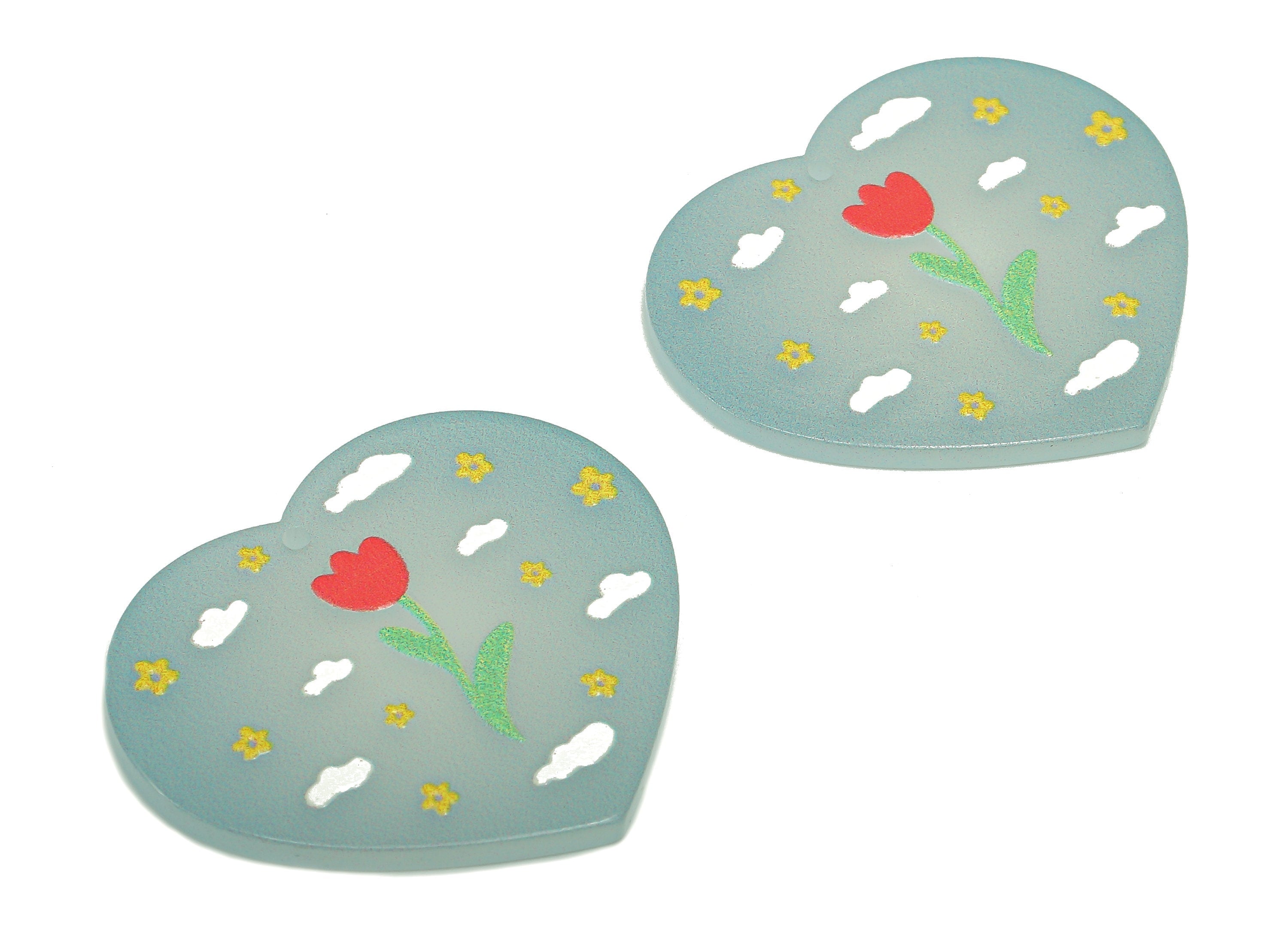 Acrylic Rose Heart Earring Charm - Flower Clouds Blue Heart Earring - Pendant With Hole - Charm For Necklace - 37.6x32.4x2.6mm - AC2570D - DOMEDBAZAAR