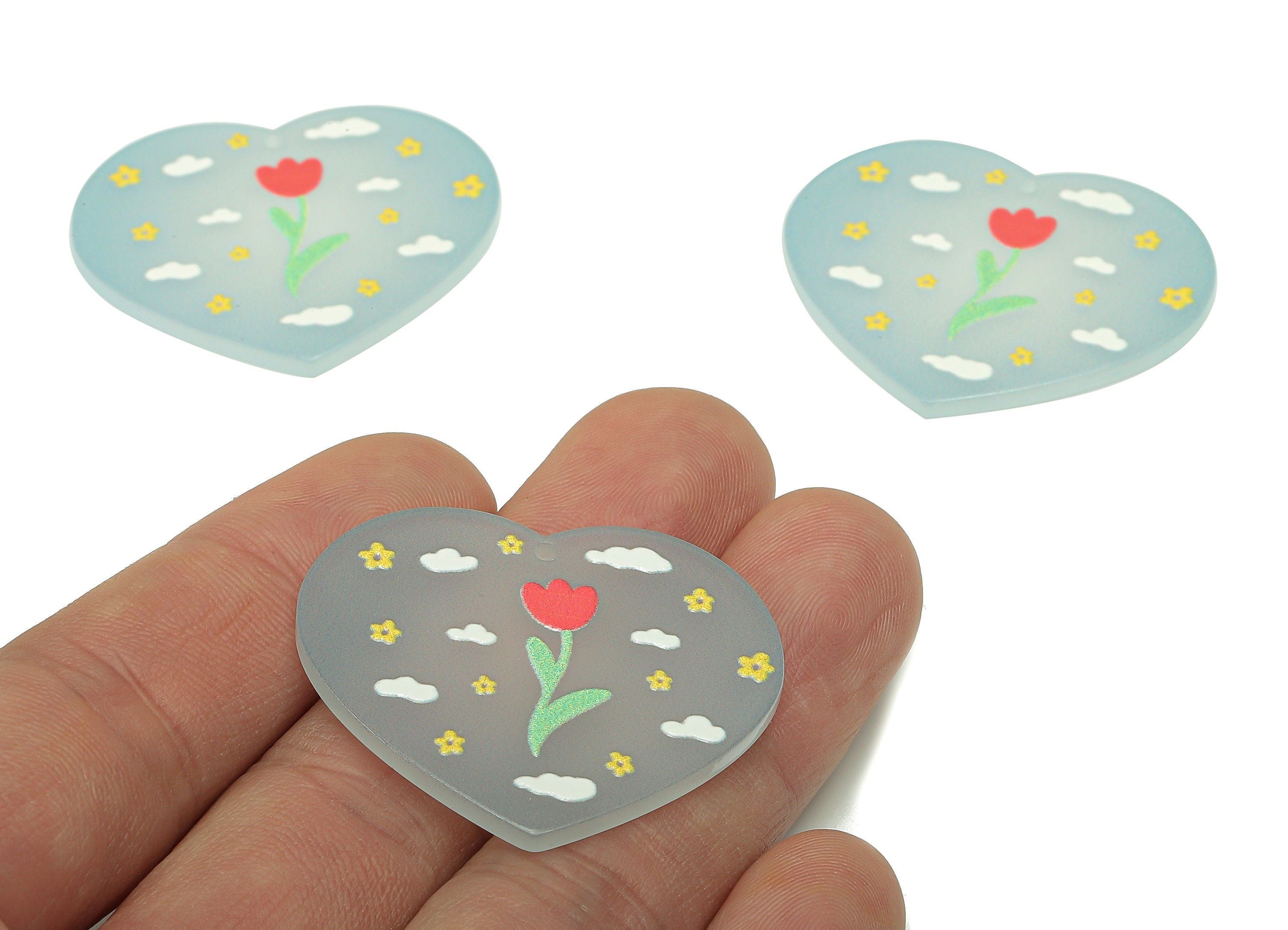 Acrylic Rose Heart Earring Charm - Flower Clouds Blue Heart Earring - Pendant With Hole - Charm For Necklace - 37.6x32.4x2.6mm - AC2570D - DOMEDBAZAAR