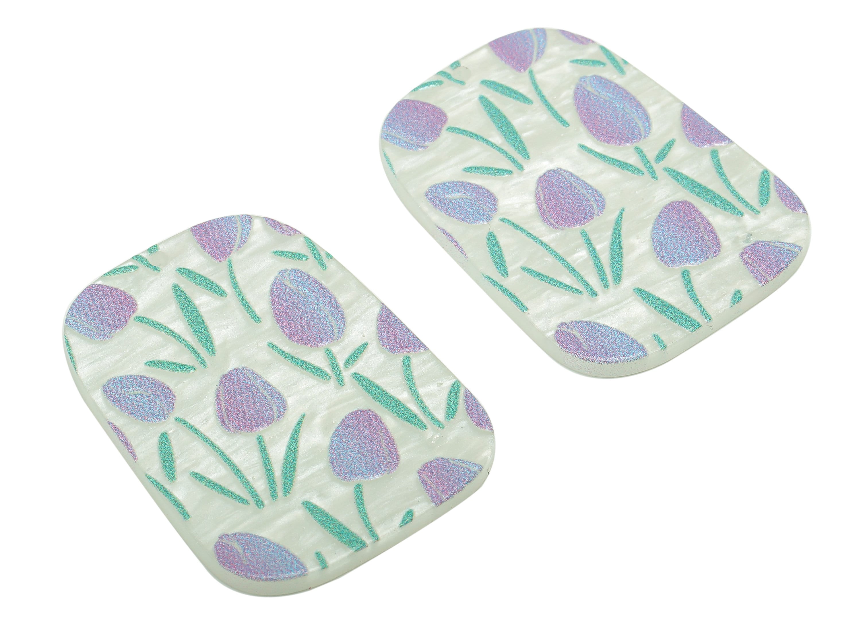 Acrylic Oval Rectangle Earring Charm - Purple Tulip Textured White Earring - Pendant With Hole - For Necklace - 39.6x29.4x2.4mm - AC2574B - DOMEDBAZAAR