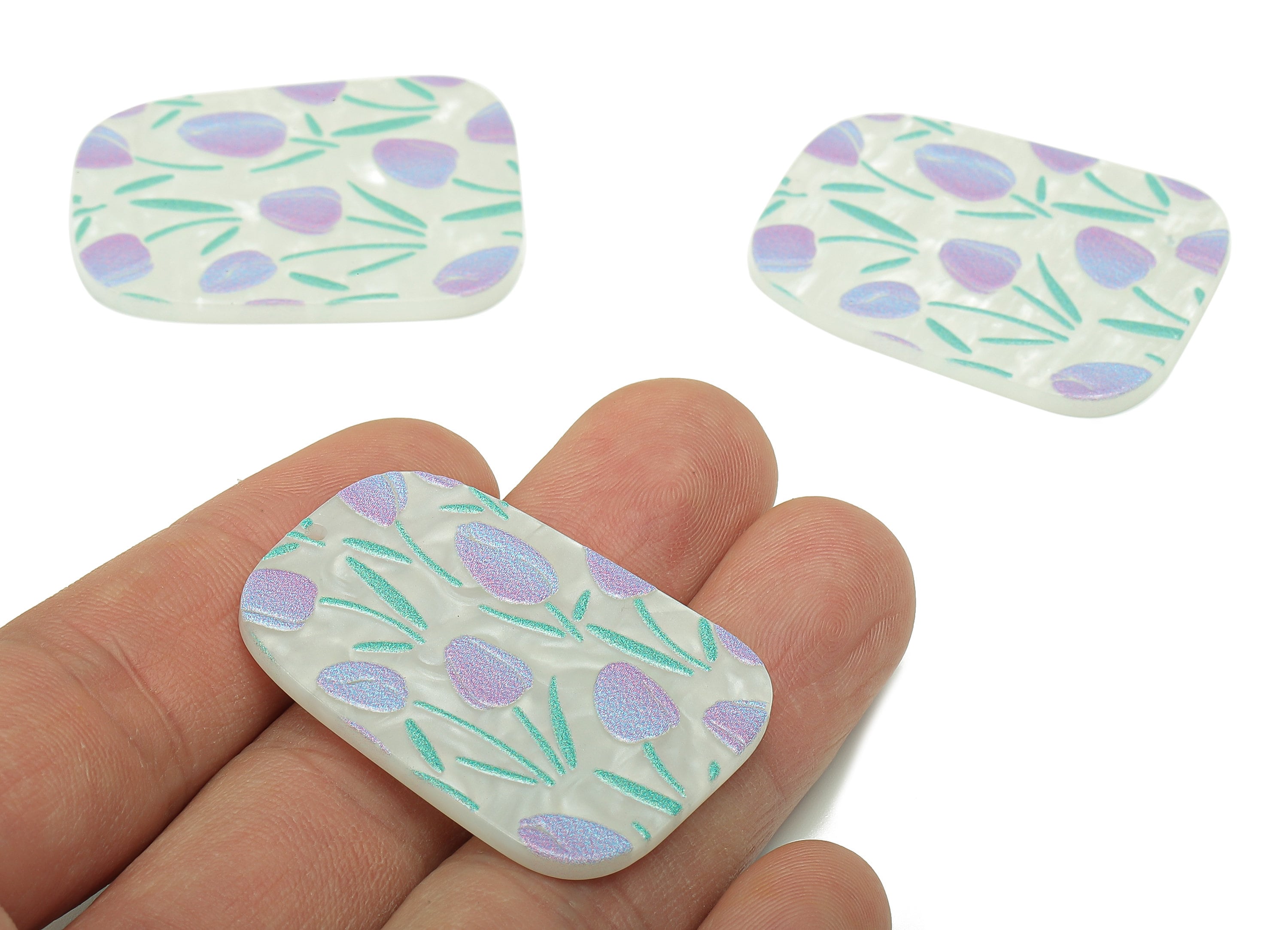 Acrylic Oval Rectangle Earring Charm - Purple Tulip Textured White Earring - Pendant With Hole - For Necklace - 39.6x29.4x2.4mm - AC2574B - DOMEDBAZAAR