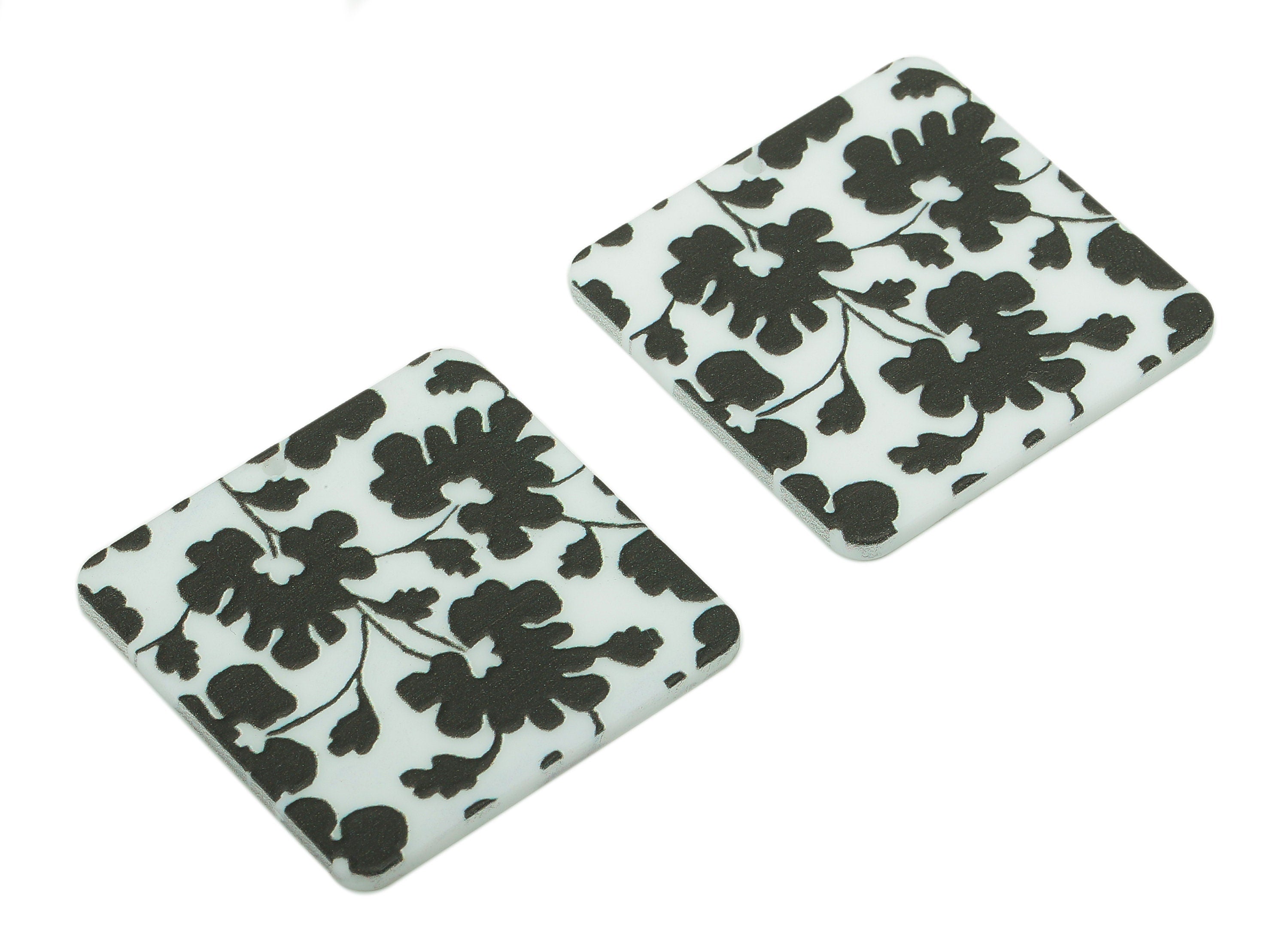 Acrylic Flower Square Earring Charm - Black Flower White Square Earring - Pendant With Hole - Charm For Necklace - 34.6x34.6x2.4mm - AC2576A - DOMEDBAZAAR