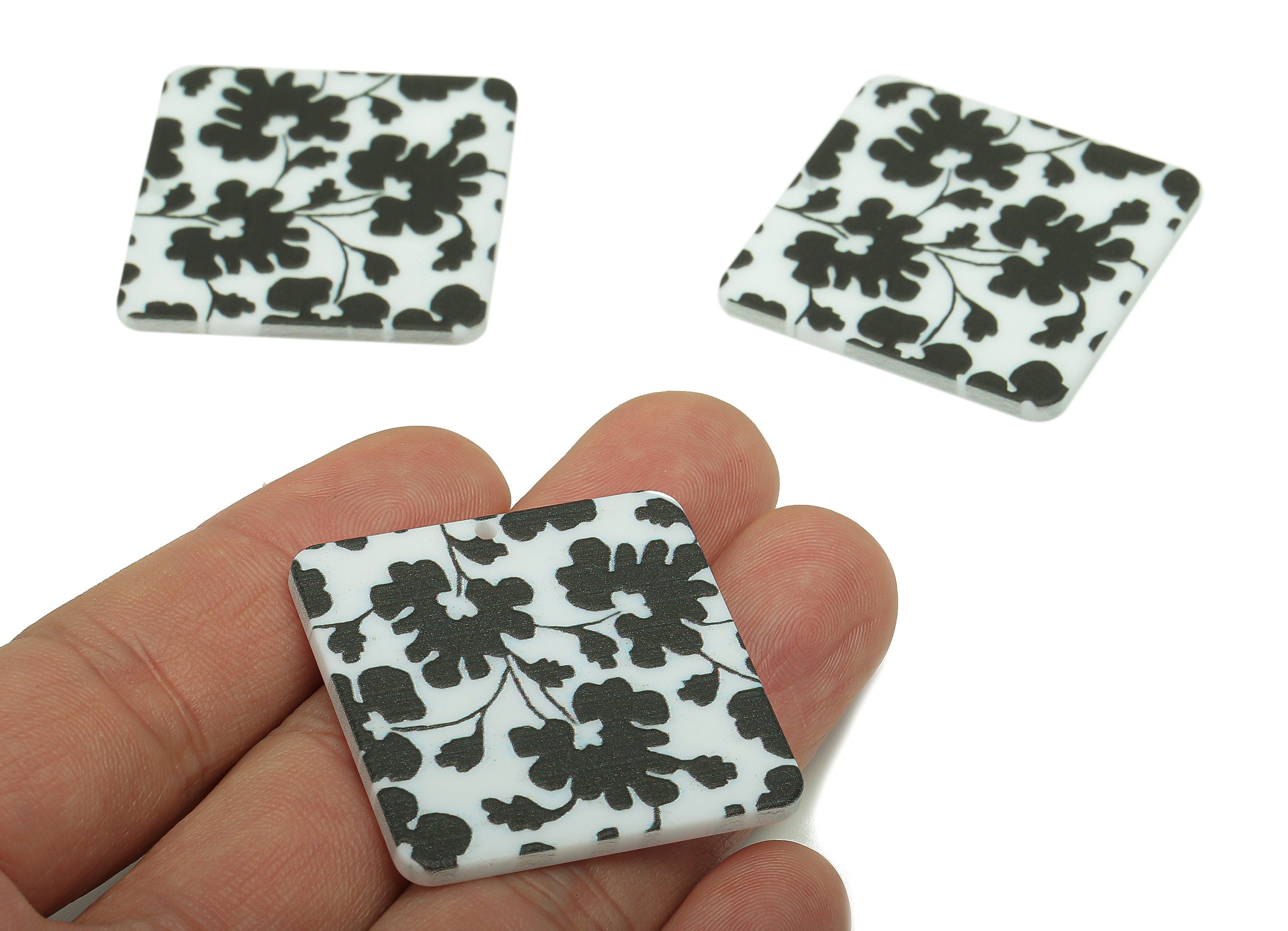 Acrylic Flower Square Earring Charm - Black Flower White Square Earring - Pendant With Hole - Charm For Necklace - 34.6x34.6x2.4mm - AC2576A - DOMEDBAZAAR