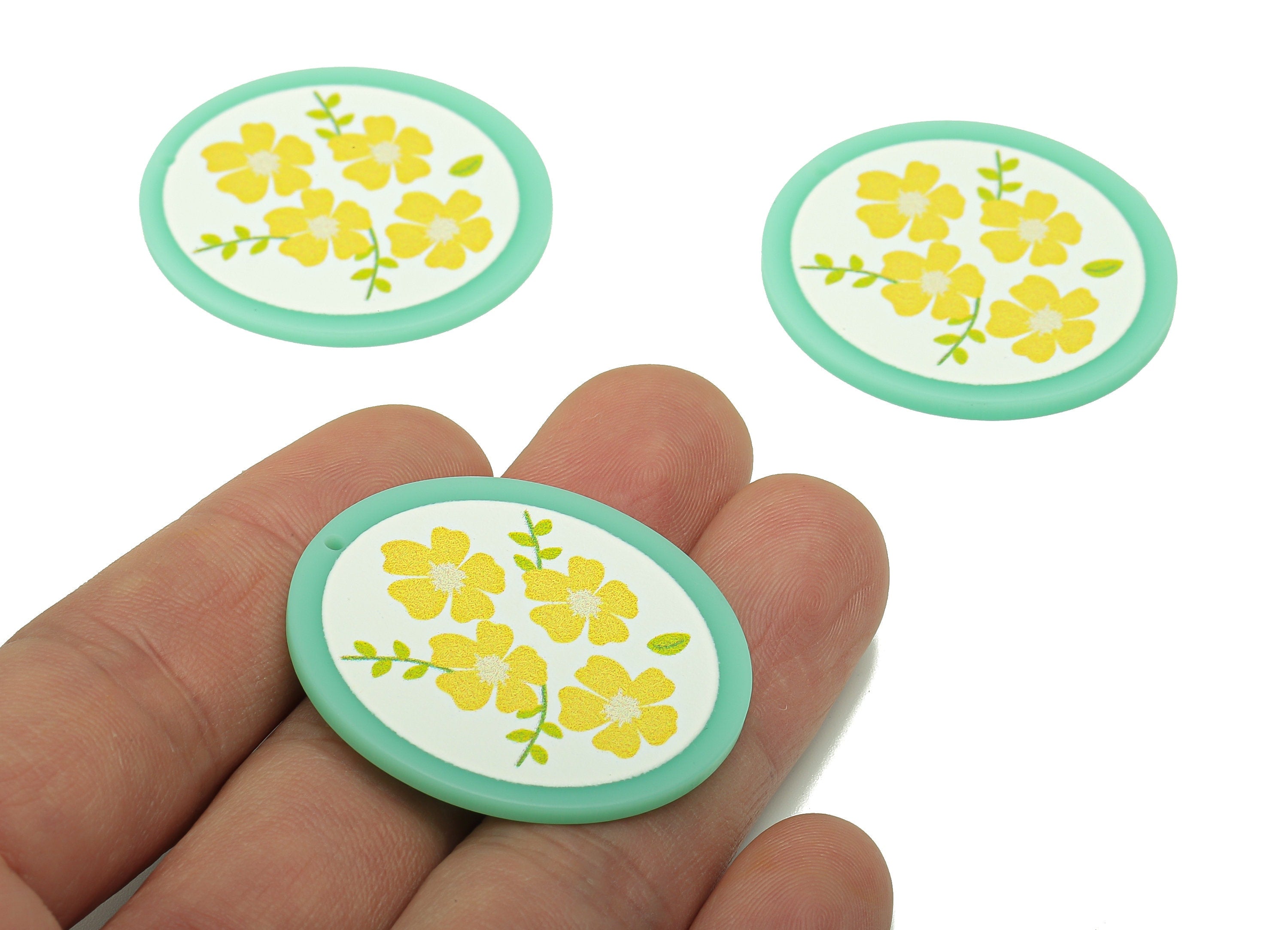 Acrylic Flower Round Earring Charm - Yellow Jasmine Aqua Circle Earring - Pendant With Hole - Charm For Necklace - 37.4x34.7x2.2mm - AC2580B - DOMEDBAZAAR