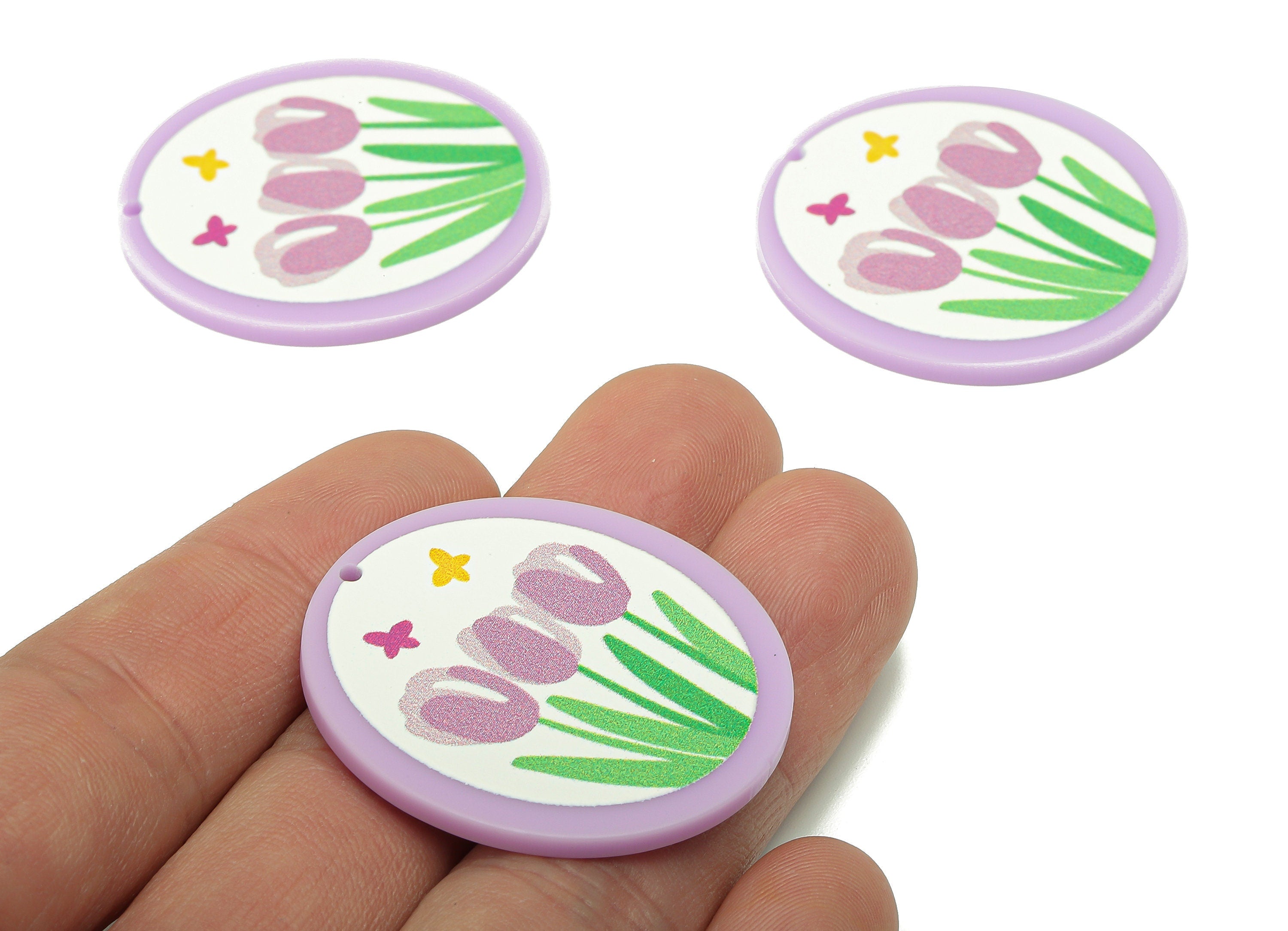 Acrylic Flower Round Earring Charm - Acrylic Purple Tulip Circle Earring - Pendant With Hole - Charm For Necklace - 37.4x34.7x2.2mm -AC2580C - DOMEDBAZAAR