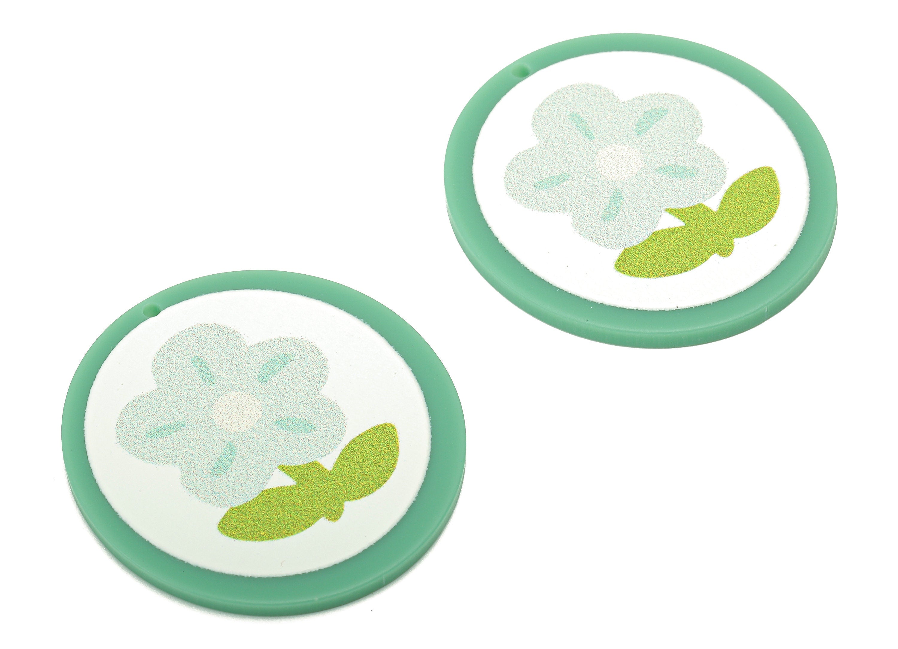Acrylic Flower Round Earring Charm - Acrylic Green Flower Circle Earring - Pendant With Hole - Charm For Necklace - 37.4x34.7x2.2mm -AC2580D - DOMEDBAZAAR