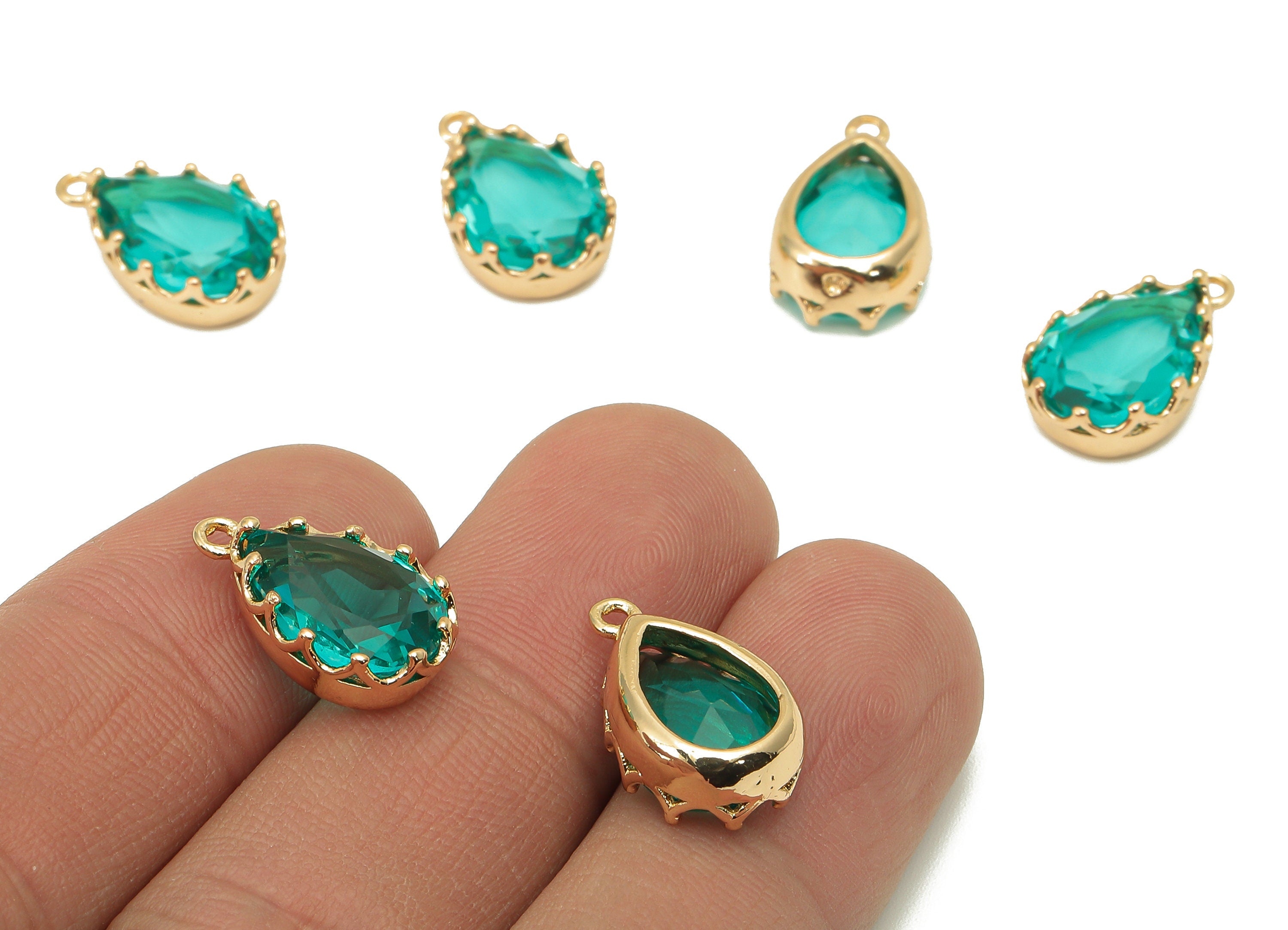 Brass Crown Frame Drop Charm - Faceted Clear Green Glass Earring - Teardrop Pendant With Loop - Gold Tone Plating - 17.2x10.6x5.6mm -GS1159B - DOMEDBAZAAR