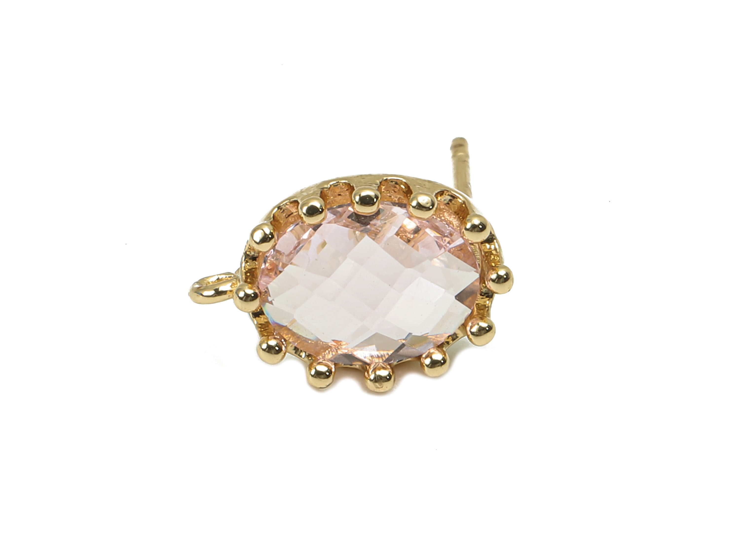 Brass Crown Frame Oval Stud Earring - Faceted Clear Pink Glass With Loop - Silver Stud - Gold Tone Plating - 11.5x7.7x2.9mm - GS1160B - DOMEDBAZAAR