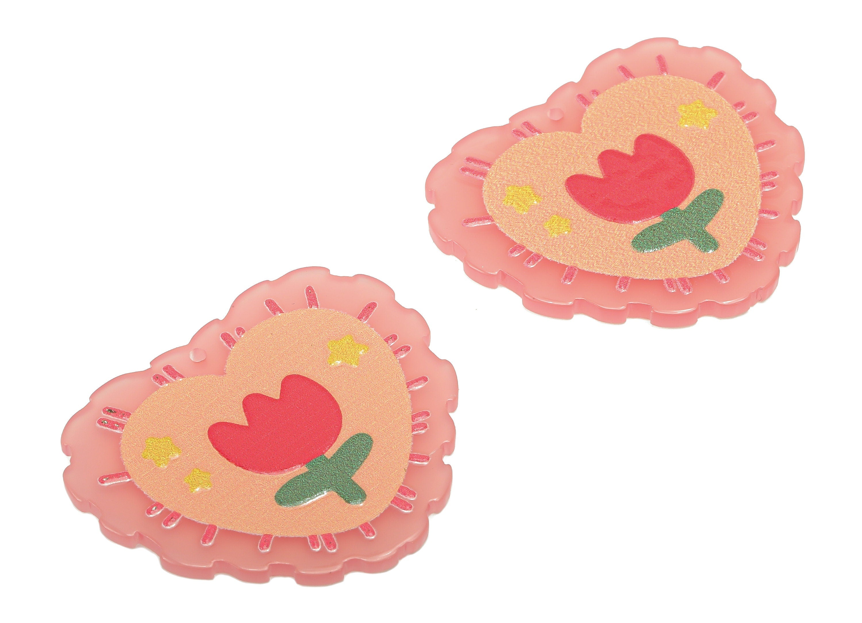 Acrylic Flower Heart Earring Charm - Red Rose Star Pink Heart Earring - Pendant With Hole - Charm For Necklace - 37.8x33x2.7mm - AC2572 - DOMEDBAZAAR