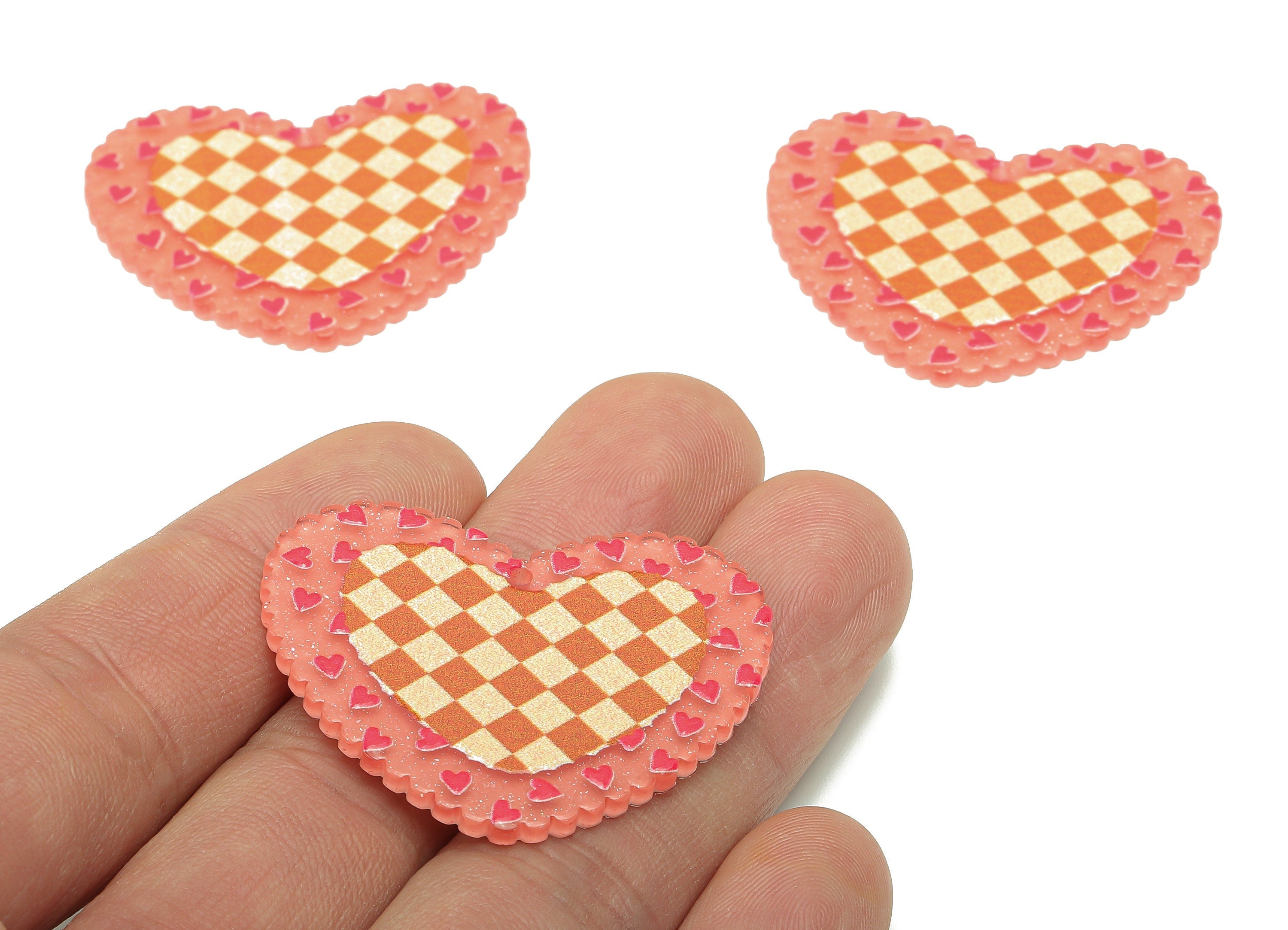 Acrylic Heart Checkered Earring Charm - Square Lattice Pink Heart Earring - Pendant With Hole - Charm For Necklace - 39.6x32.1x2.2mm -AC2573 - DOMEDBAZAAR