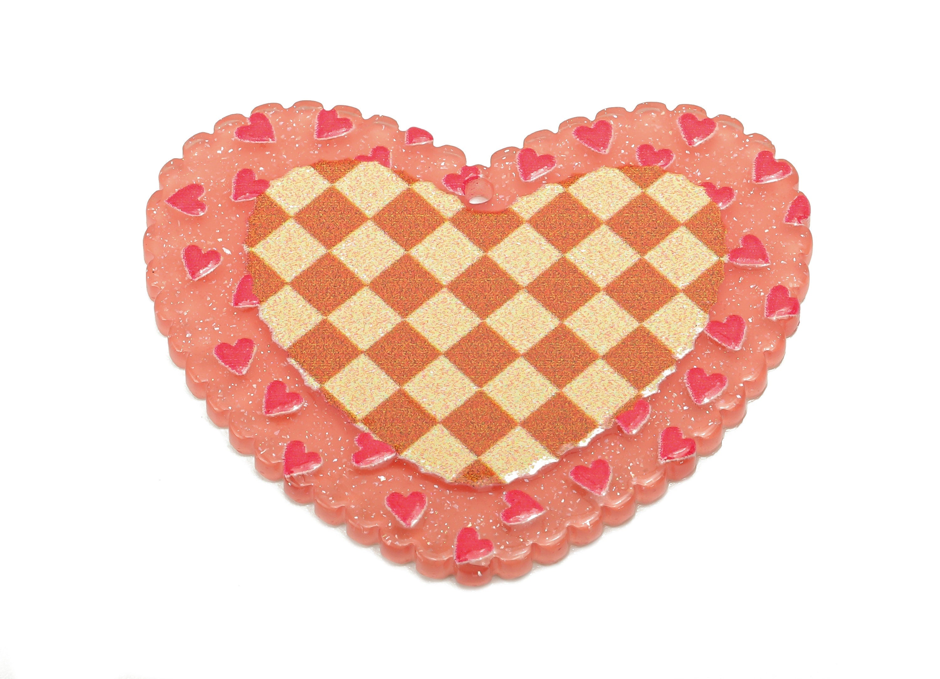 Acrylic Heart Checkered Earring Charm - Square Lattice Pink Heart Earring - Pendant With Hole - Charm For Necklace - 39.6x32.1x2.2mm -AC2573 - DOMEDBAZAAR