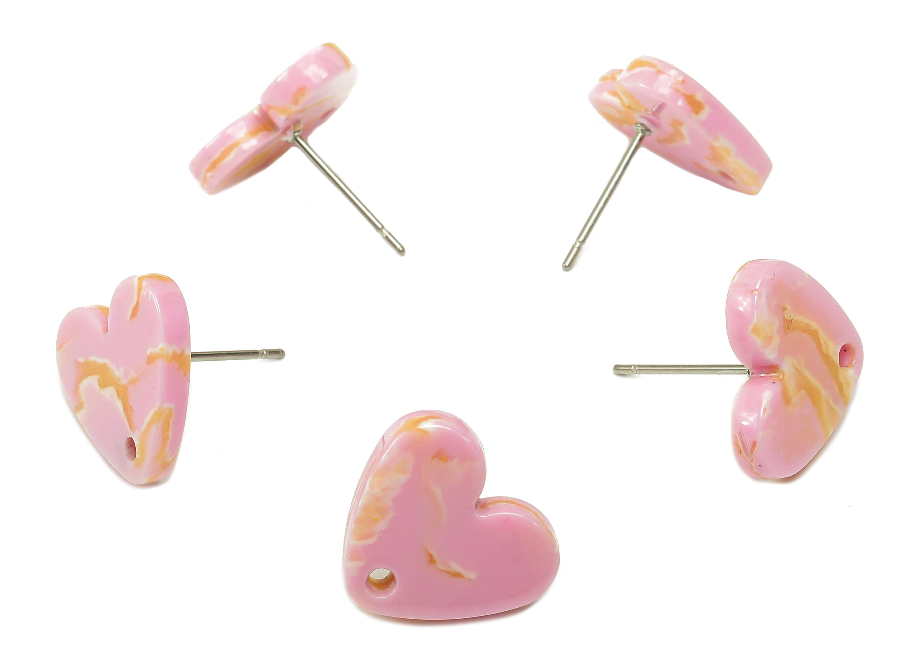 Acetate Heart Stud Earring - Pink Heart Earring Post With Hole - 316 Stainless Steel Stud - Color Code: A845 - 14.7x13.1x2.4mm - AC2559-A845 - DOMEDBAZAAR
