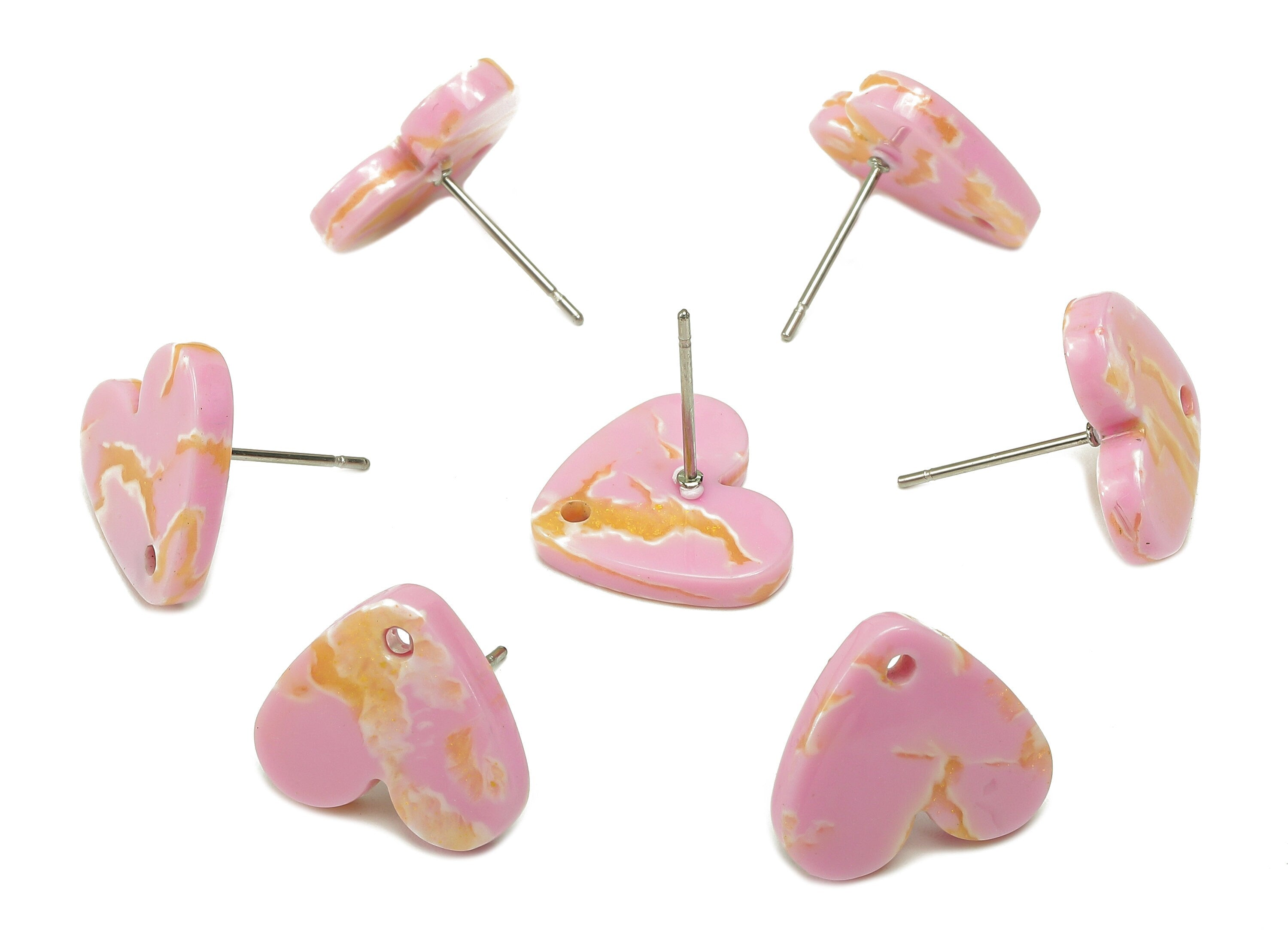 Acetate Heart Stud Earring - Pink Heart Earring Post With Hole - 316 Stainless Steel Stud - Color Code: A845 - 14.7x13.1x2.4mm - AC2559-A845 - DOMEDBAZAAR