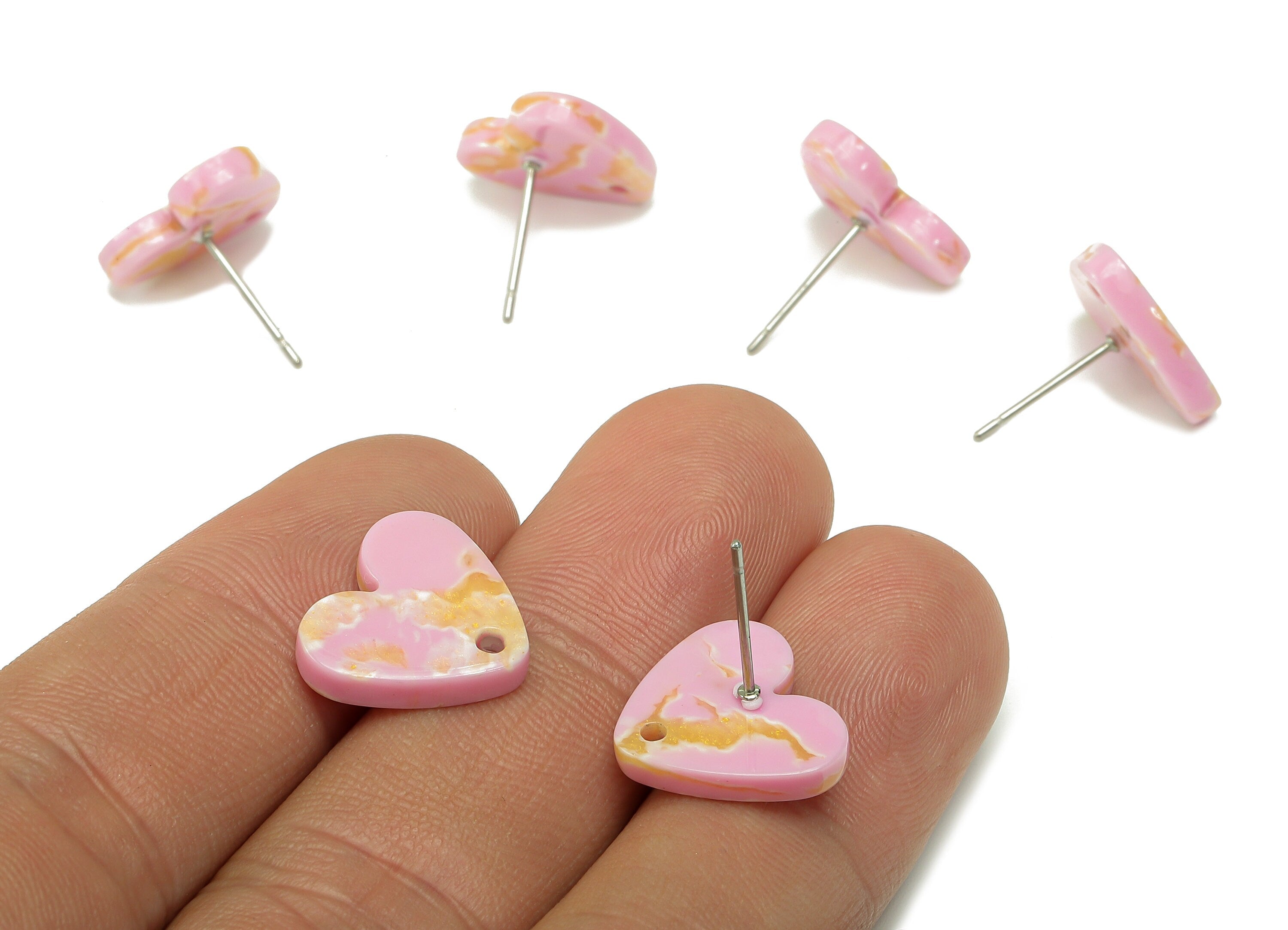 Acetate Heart Stud Earring - Pink Heart Earring Post With Hole - 316 Stainless Steel Stud - Color Code: A845 - 14.7x13.1x2.4mm - AC2559-A845 - DOMEDBAZAAR