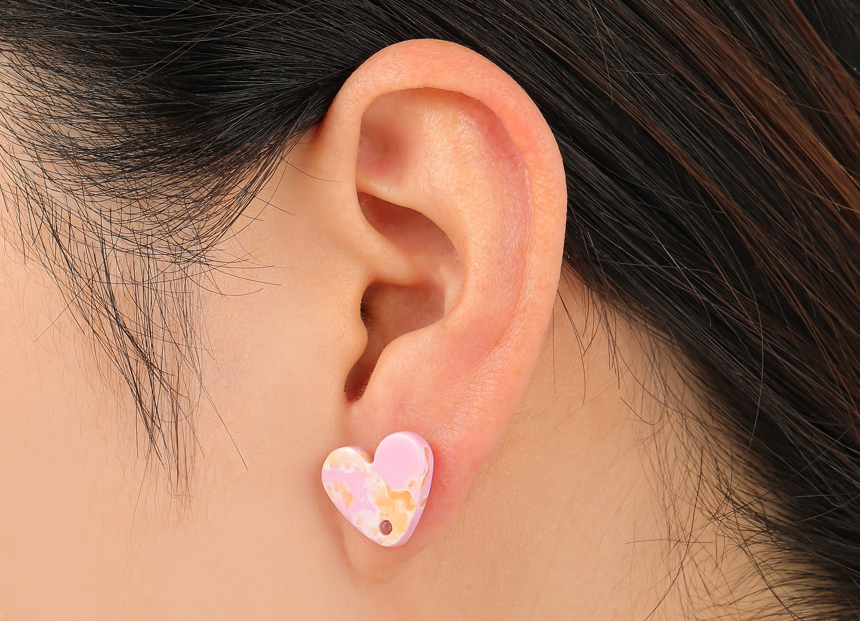 Acetate Heart Stud Earring - Pink Heart Earring Post With Hole - 316 Stainless Steel Stud - Color Code: A845 - 14.7x13.1x2.4mm - AC2559-A845 - DOMEDBAZAAR