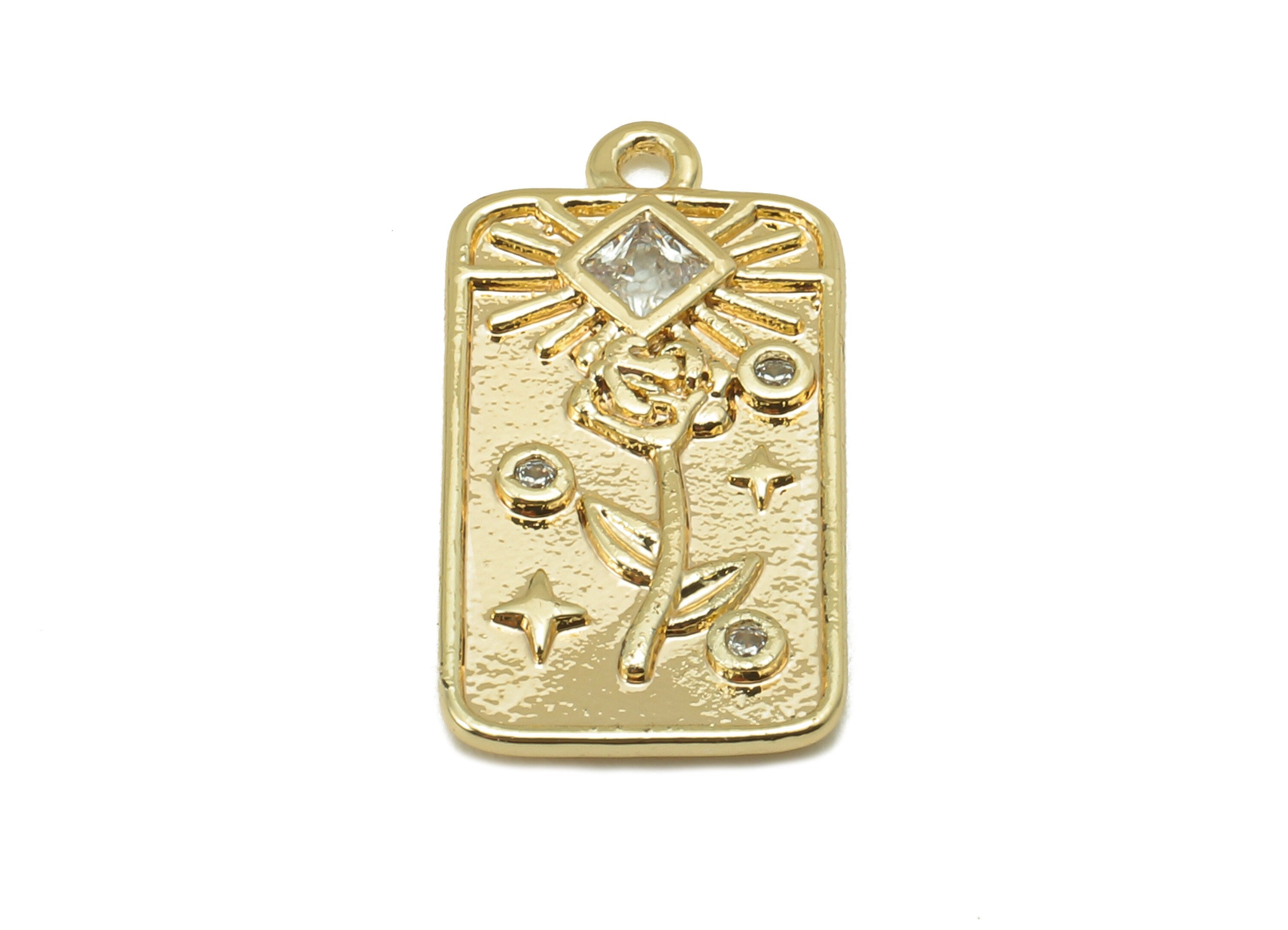 Brass Rose CZ Rectangle Earring Charm - Cubic Zirconia Sun Star Earring - Pendant With Loop - 18K Real Gold Plating - 19.2x9.9x1.6mm-RGP5802 - DOMEDBAZAAR