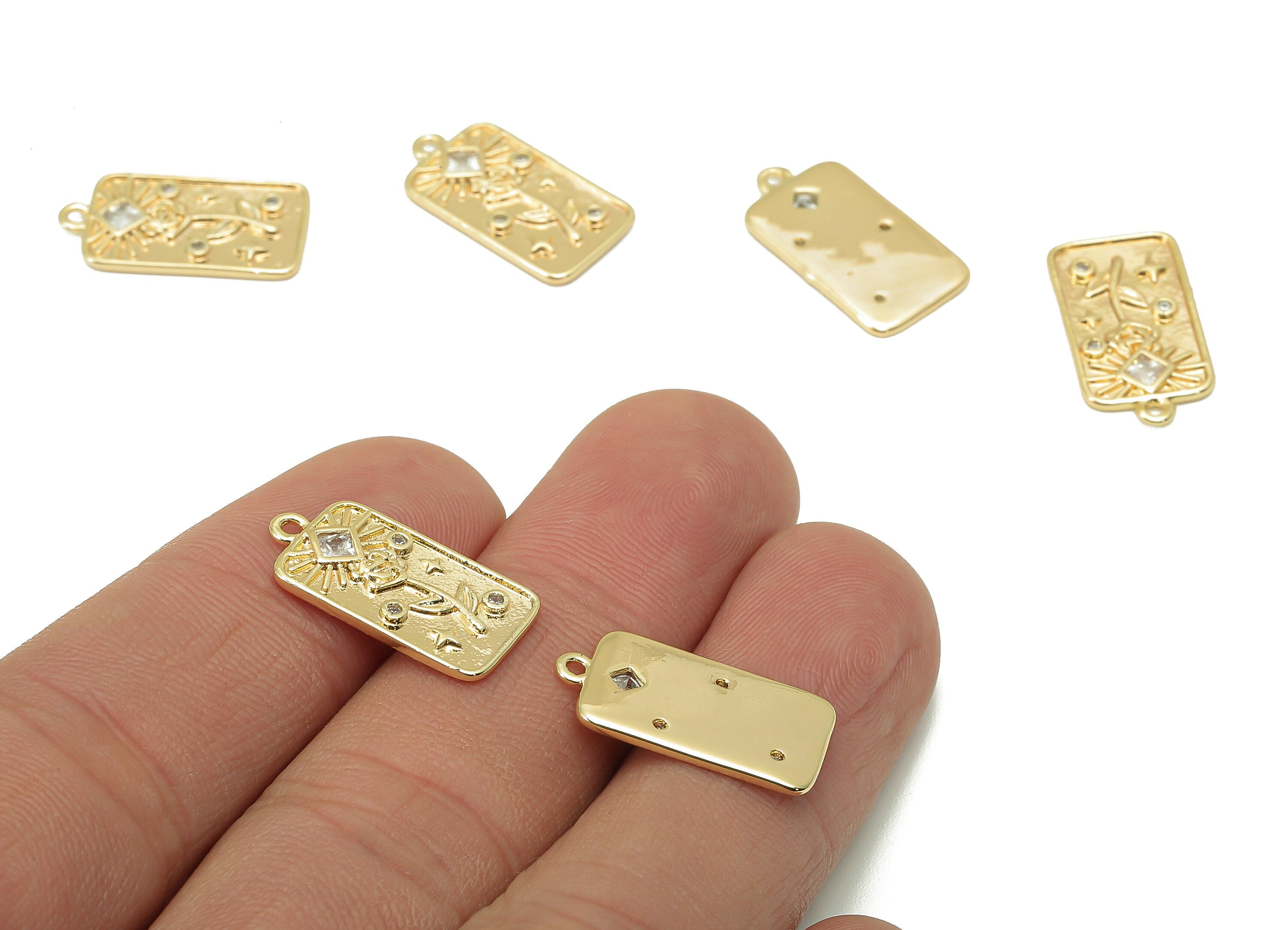Brass Rose CZ Rectangle Earring Charm - Cubic Zirconia Sun Star Earring - Pendant With Loop - 18K Real Gold Plating - 19.2x9.9x1.6mm-RGP5802 - DOMEDBAZAAR