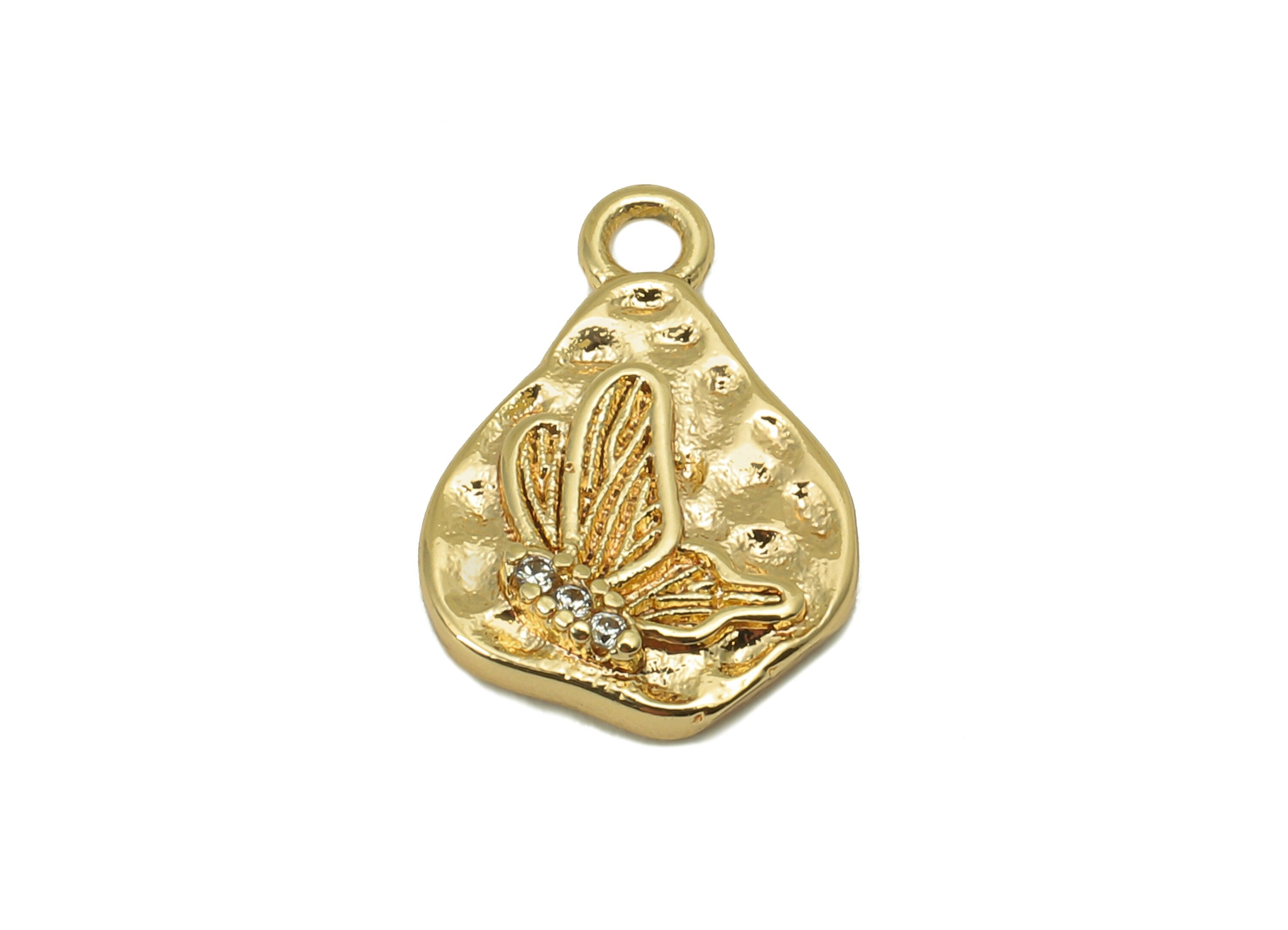 Brass CZ Hammered Butterfly Charm - Cubic Zirconia Mini Oval Earring - Pendant With Loop - 18K Real Gold Plating - 14.1x9.8x2.2mm - RGP5807 - DOMEDBAZAAR
