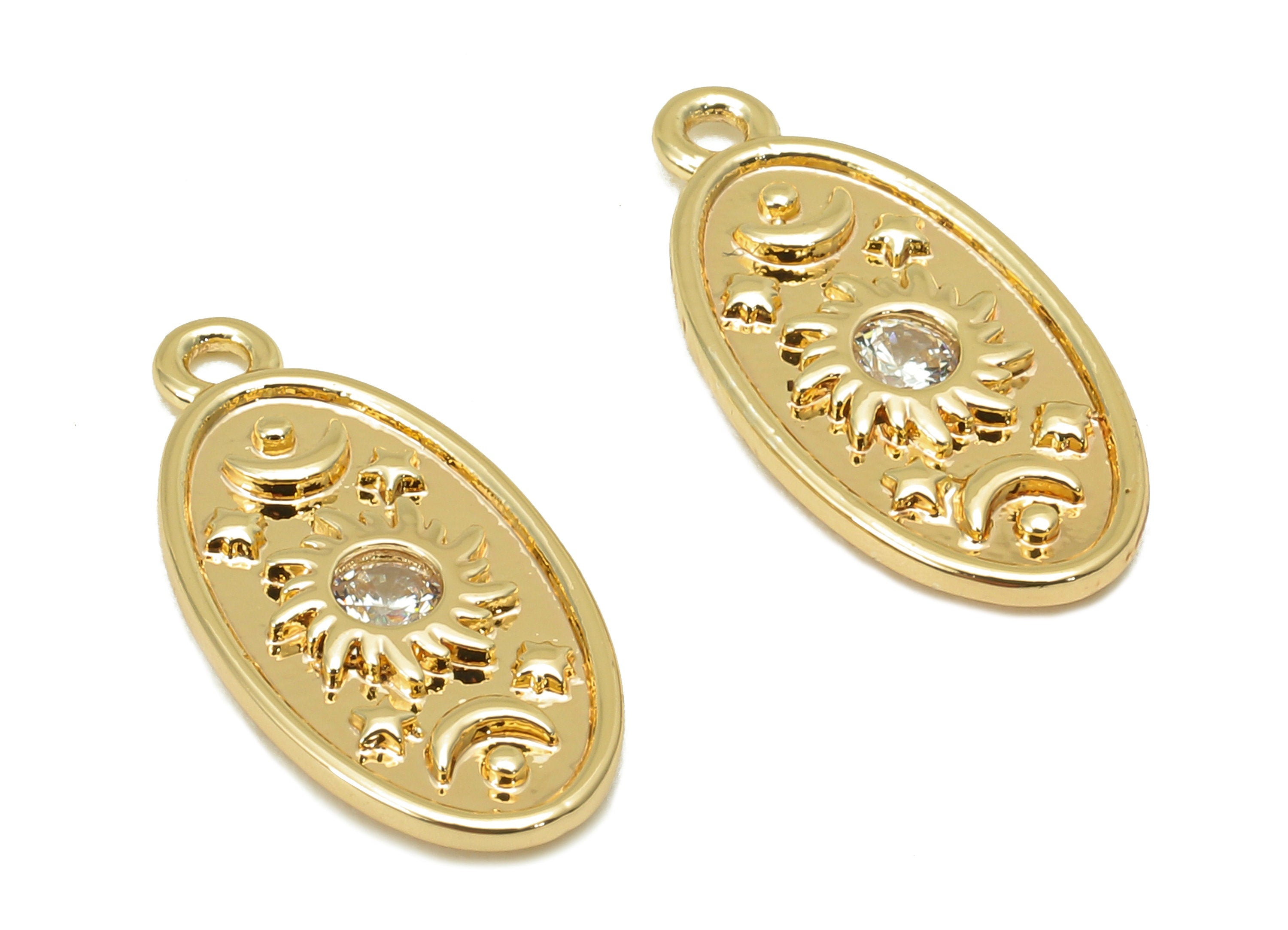 Brass CZ Crescent Oval Earring - Cubic Zirconia Sun Star Charm - Oval Pendant With Loop - 18K Real Gold Plating - 17.1x8.4x1.4mm - RGP5804 - DOMEDBAZAAR