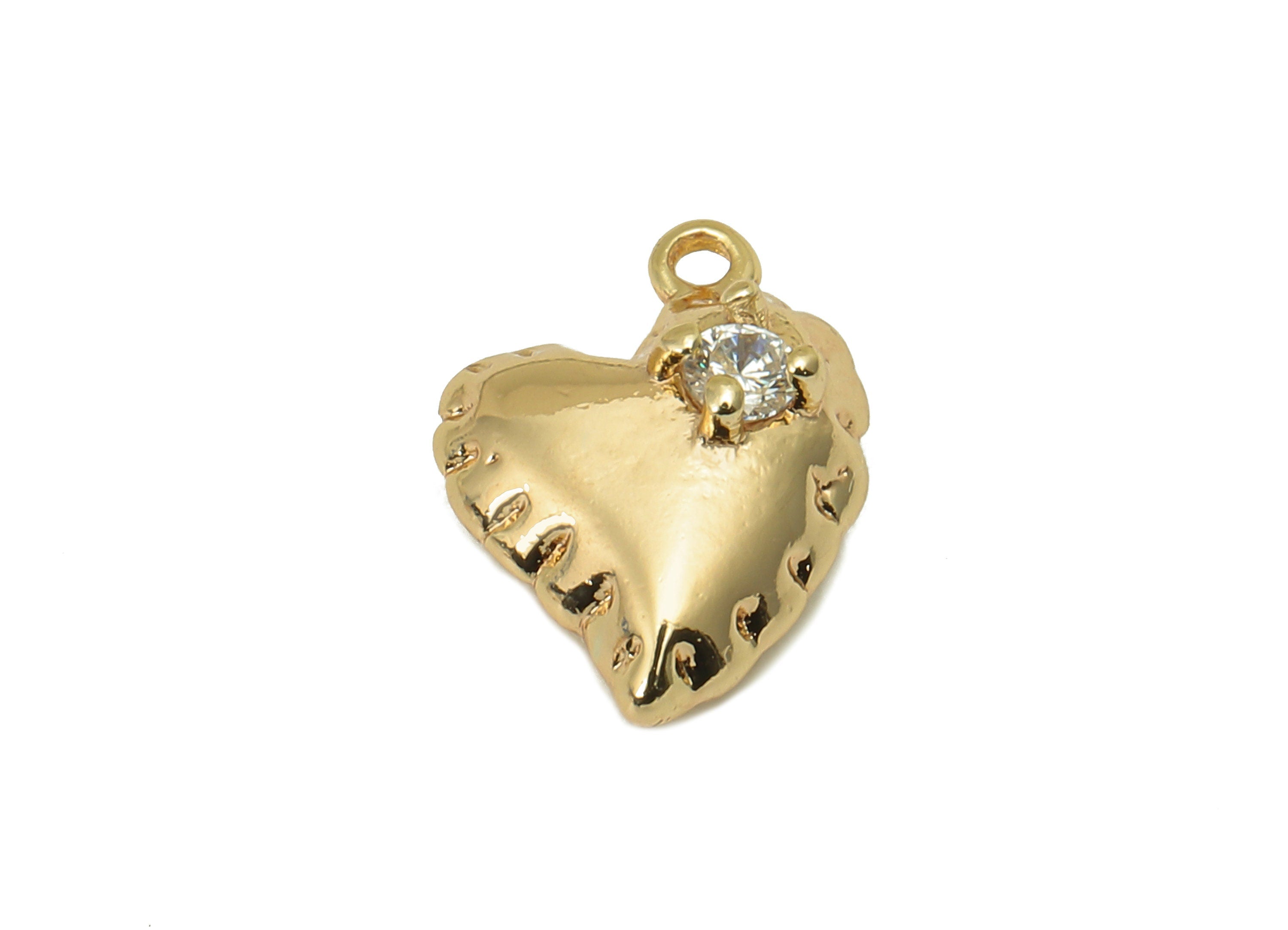 Brass CZ Mini Heart Earring - Cubic Zirconia Tiny Balloon Heart Charms - Pendant With Loop - 18K Real Gold Plating - 12.8x9.5x5.4mm -RGP5810 - DOMEDBAZAAR