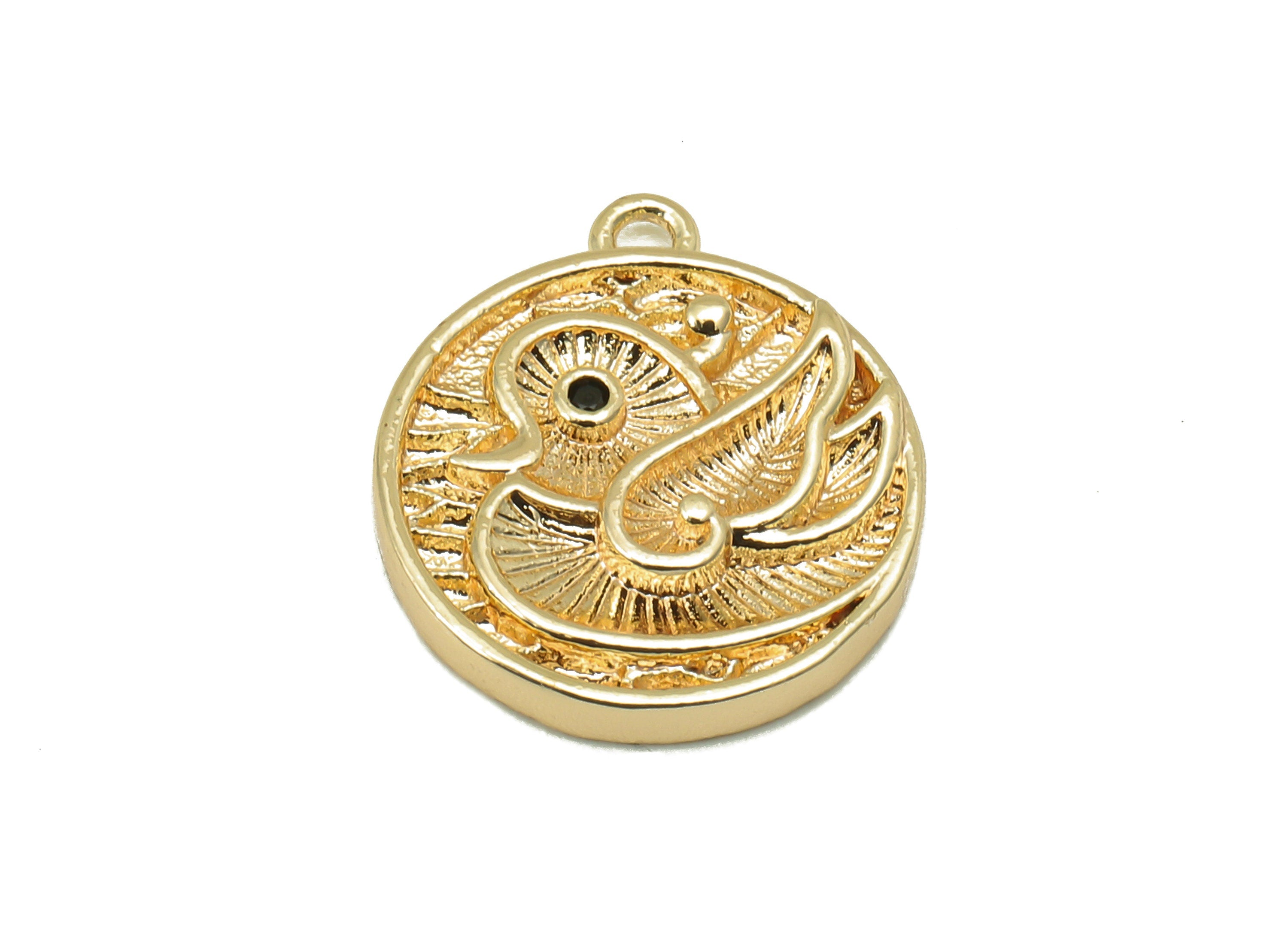 Brass CZ Round Bird Charm - Cubic Zirconia Mandarin Duck Earrings - Pendant With Loop - 18K Real Gold Plating - 17.2x14.9x2.7mm - RGP5808 - DOMEDBAZAAR