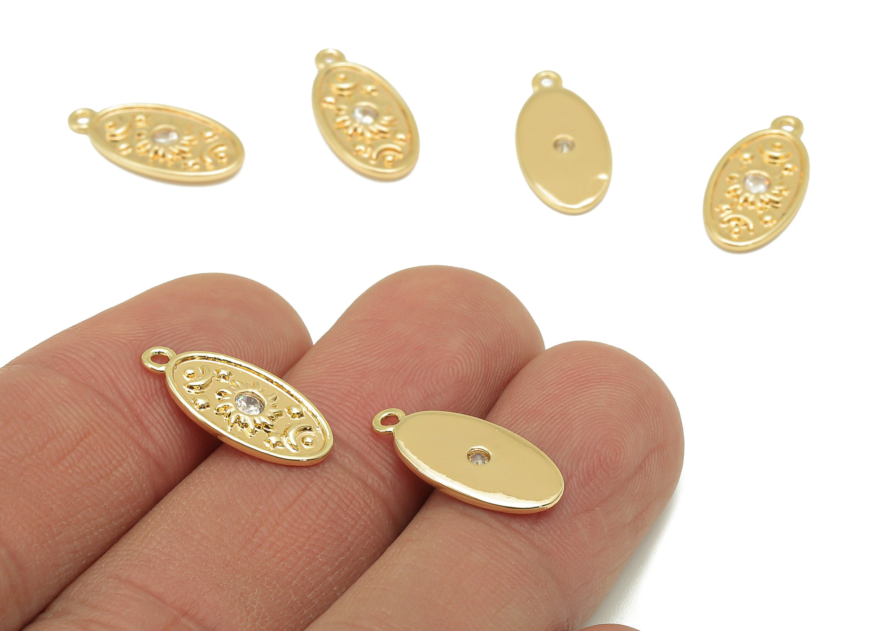 Brass CZ Crescent Oval Earring - Cubic Zirconia Sun Star Charm - Oval Pendant With Loop - 18K Real Gold Plating - 17.1x8.4x1.4mm - RGP5804 - DOMEDBAZAAR