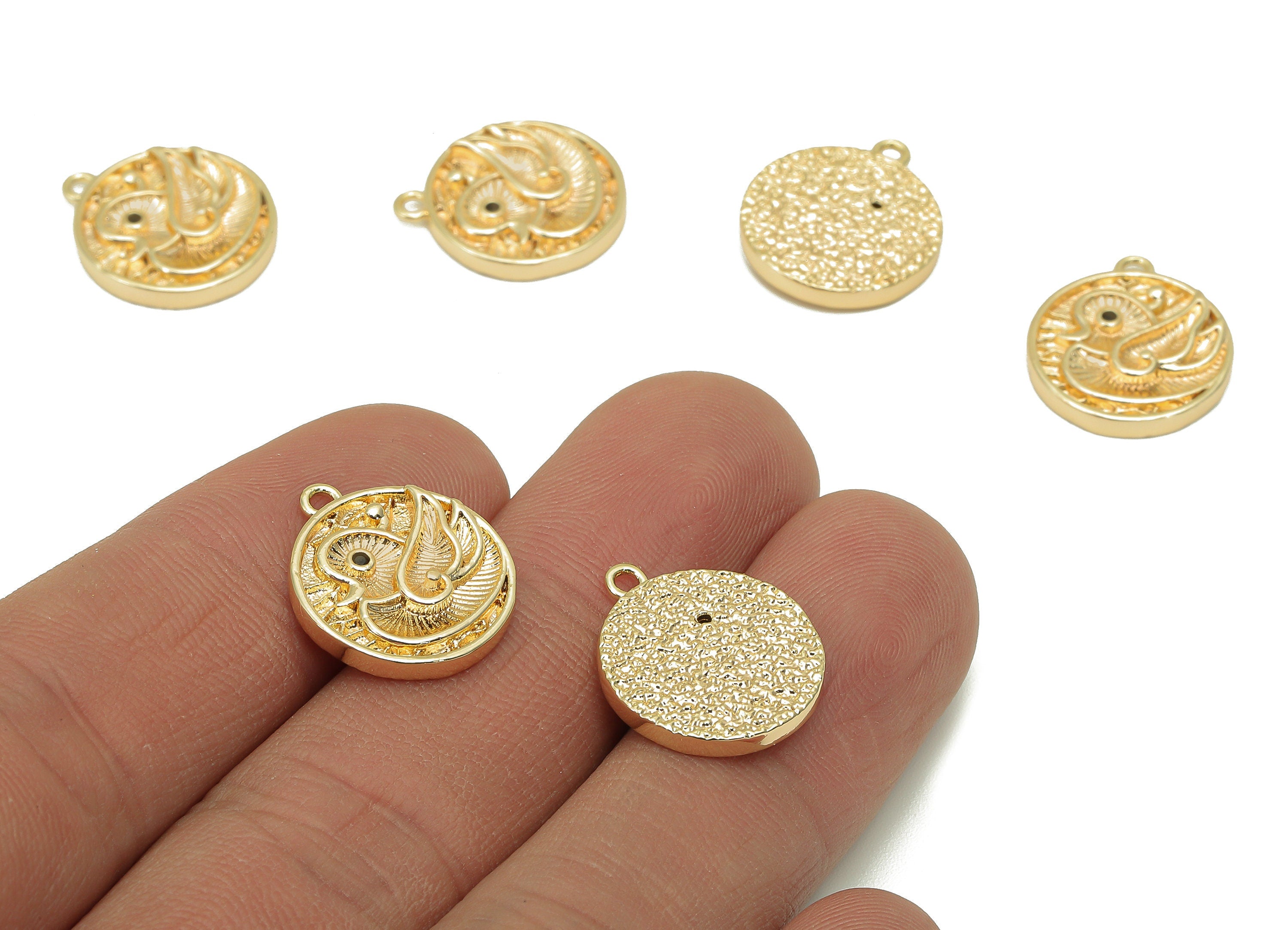 Brass CZ Round Bird Charm - Cubic Zirconia Mandarin Duck Earrings - Pendant With Loop - 18K Real Gold Plating - 17.2x14.9x2.7mm - RGP5808 - DOMEDBAZAAR