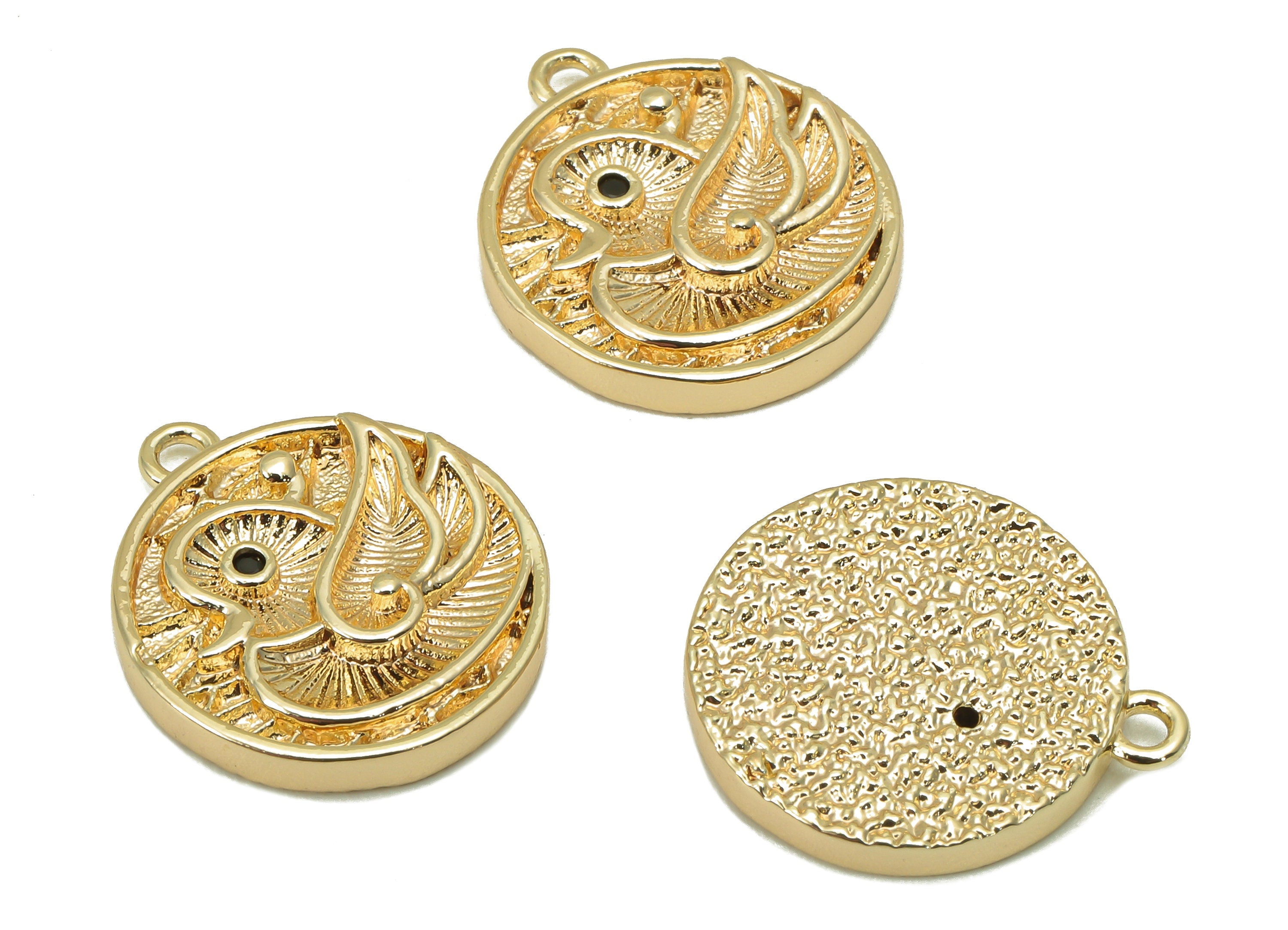 Brass CZ Round Bird Charm - Cubic Zirconia Mandarin Duck Earrings - Pendant With Loop - 18K Real Gold Plating - 17.2x14.9x2.7mm - RGP5808 - DOMEDBAZAAR