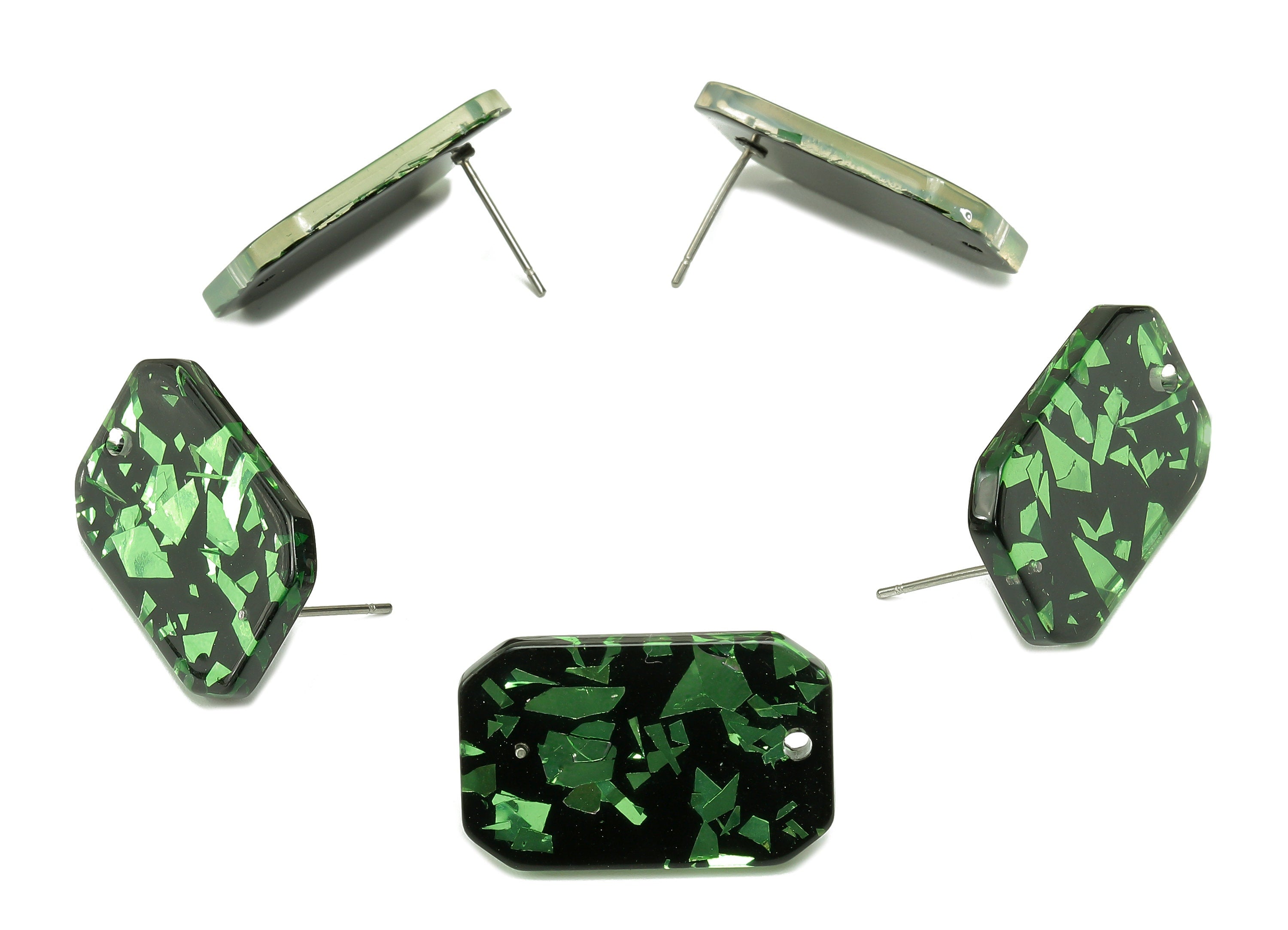 Acrylic Rectangle Stud Earring - Green Foil Earring Post With Hole - 316 Stainless Steel - Color Code: A635 - 24.68x15.8x2.5mm - AC2561-A635 - DOMEDBAZAAR