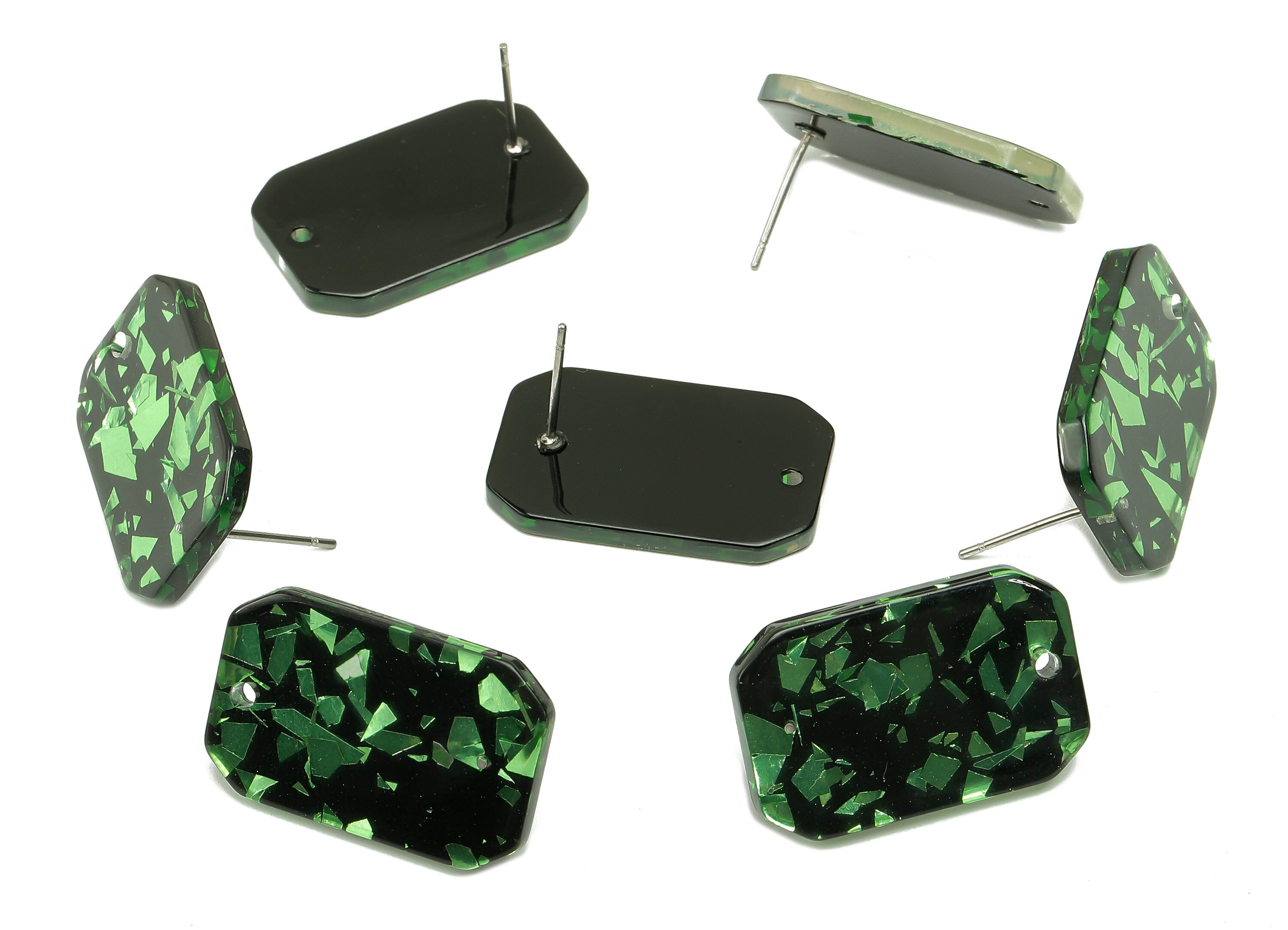 Acrylic Rectangle Stud Earring - Green Foil Earring Post With Hole - 316 Stainless Steel - Color Code: A635 - 24.68x15.8x2.5mm - AC2561-A635 - DOMEDBAZAAR