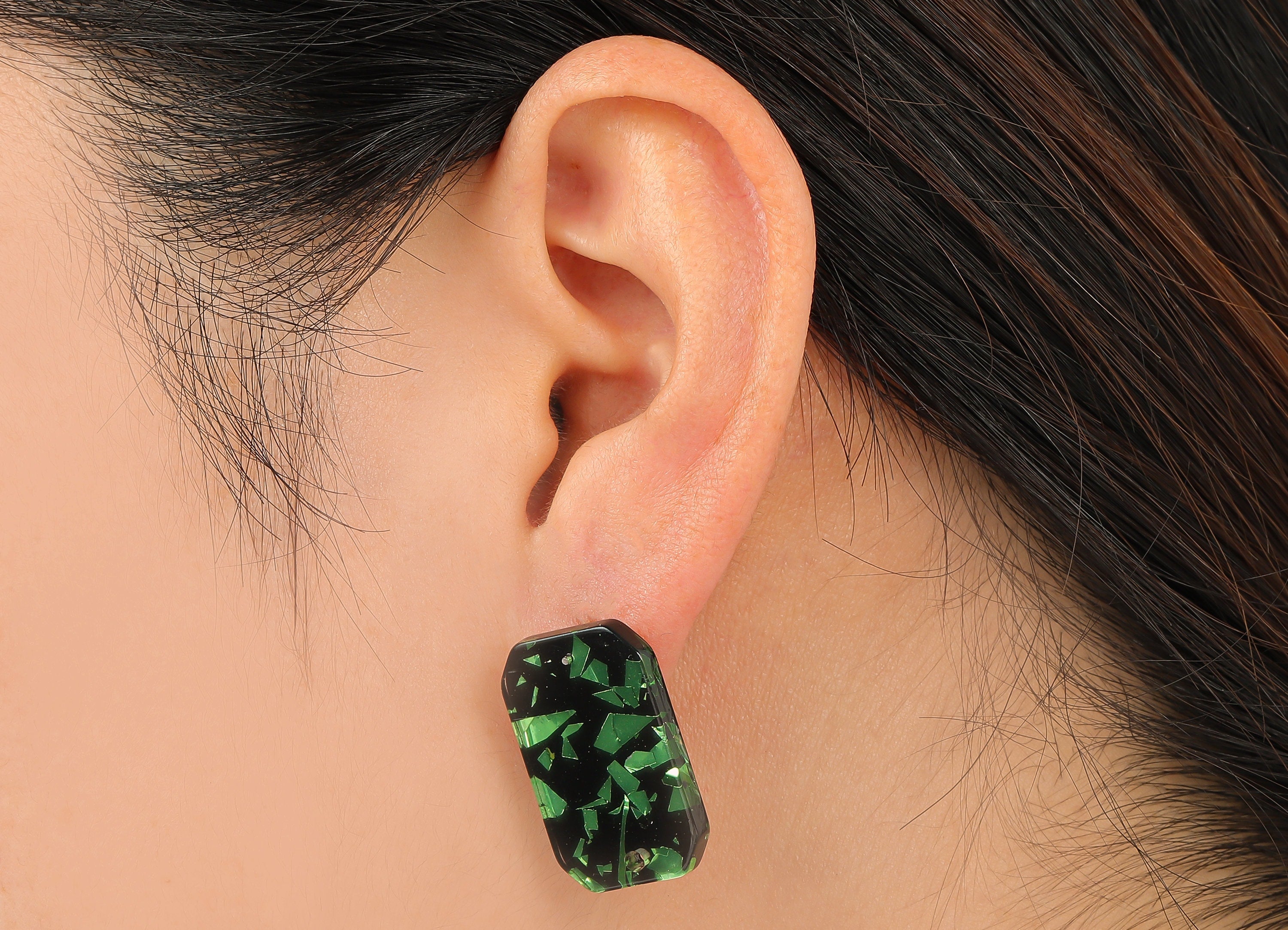 Acrylic Rectangle Stud Earring - Green Foil Earring Post With Hole - 316 Stainless Steel - Color Code: A635 - 24.68x15.8x2.5mm - AC2561-A635 - DOMEDBAZAAR