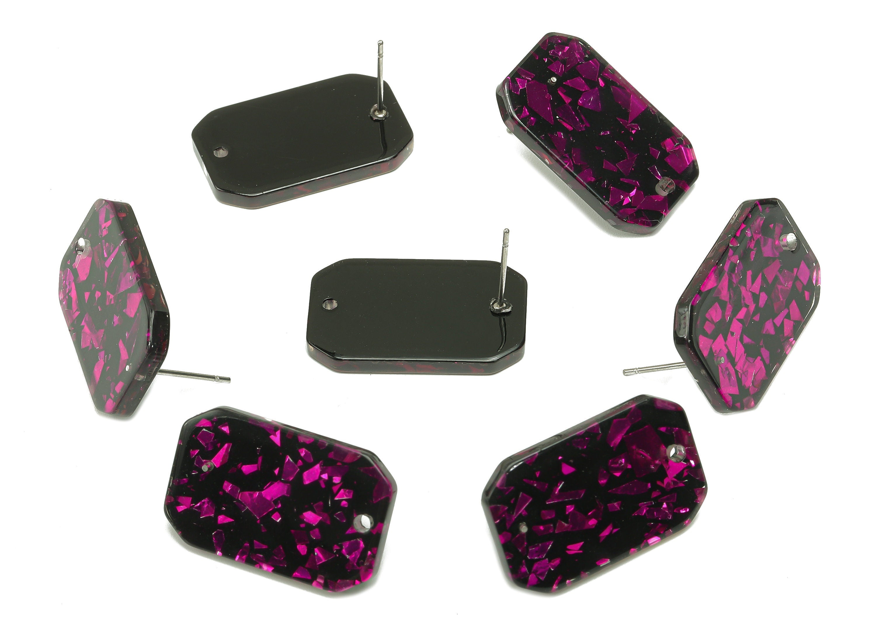 Acrylic Rectangle Stud Earring - Pink Foil Earring Post With Hole - 316 Stainless Steel - Color Code: A636 - 24.68x15.7x2.5mm - AC2561-A636 - DOMEDBAZAAR