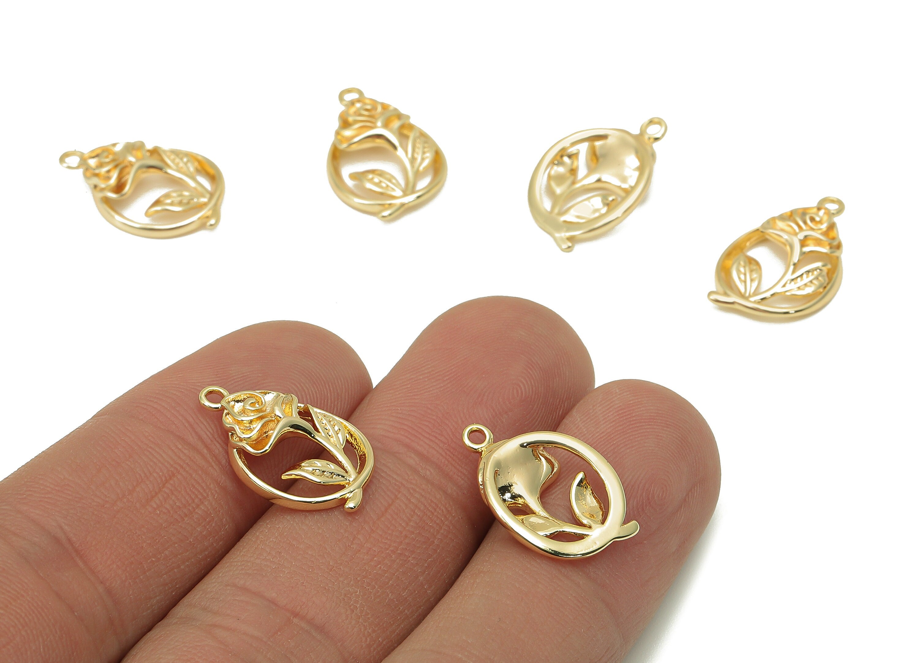Brass Flower Oval Earring Charm - Relief Rose Hollow Oval Earring - Pendant With Loop - 18K Real Gold Plating - 18.3x12x2.8mm - RGP5812 - DOMEDBAZAAR