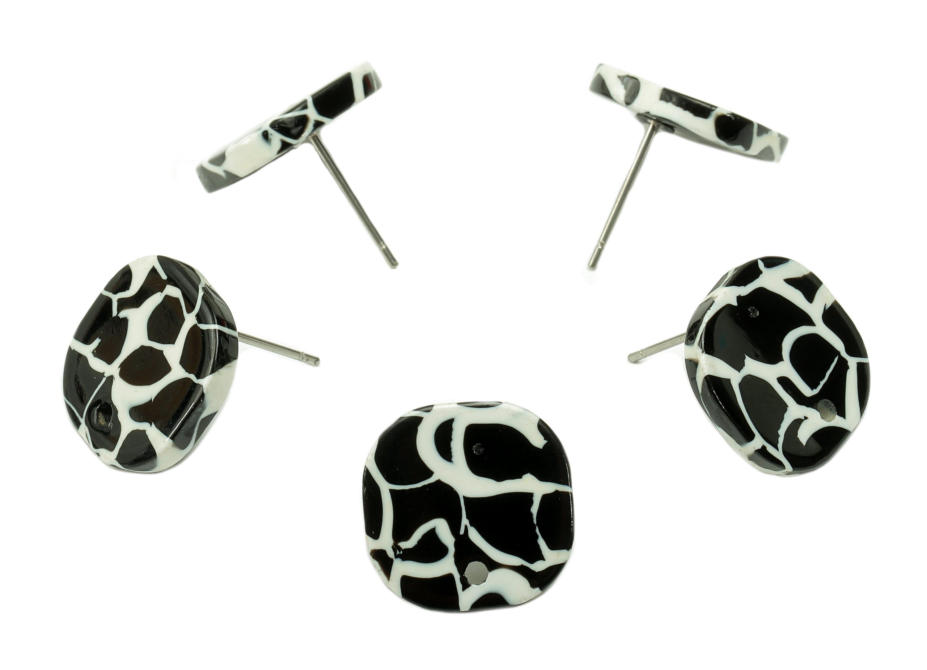 Acetate Oval Square Stud Earring - Black And White Earring Post With Hole - 316 Stainless Steel - Color Code: A837-14.7x14.6x3mm-AC2562-A837 - DOMEDBAZAAR