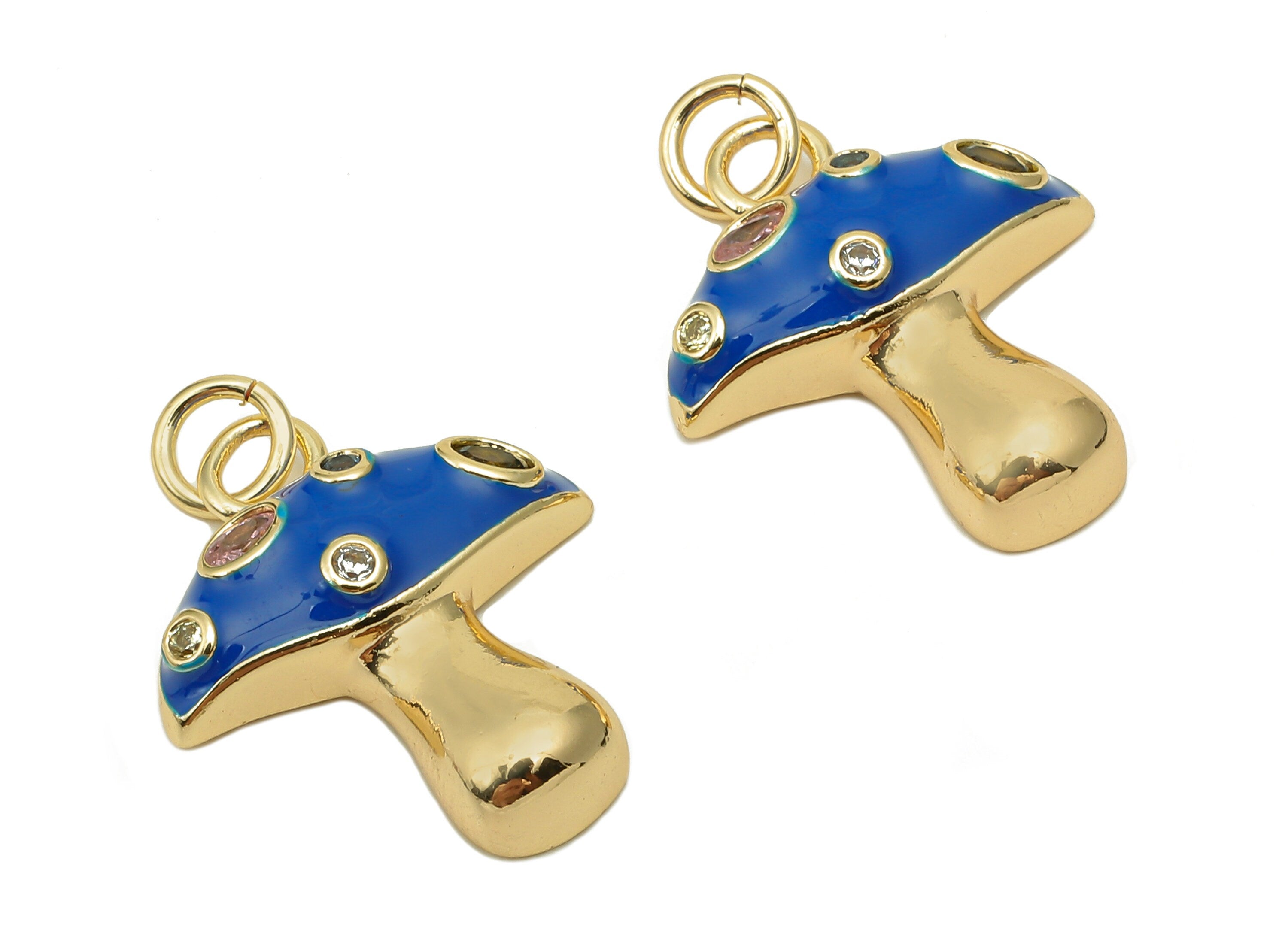 Brass Enamel Mushroom Pendant - Zircon Navy Fungus Earring Charm - Necklace Charm With Loop - 18K Real Gold Plating - 23x16.9x1.5mm-RGP5662A - DOMEDBAZAAR