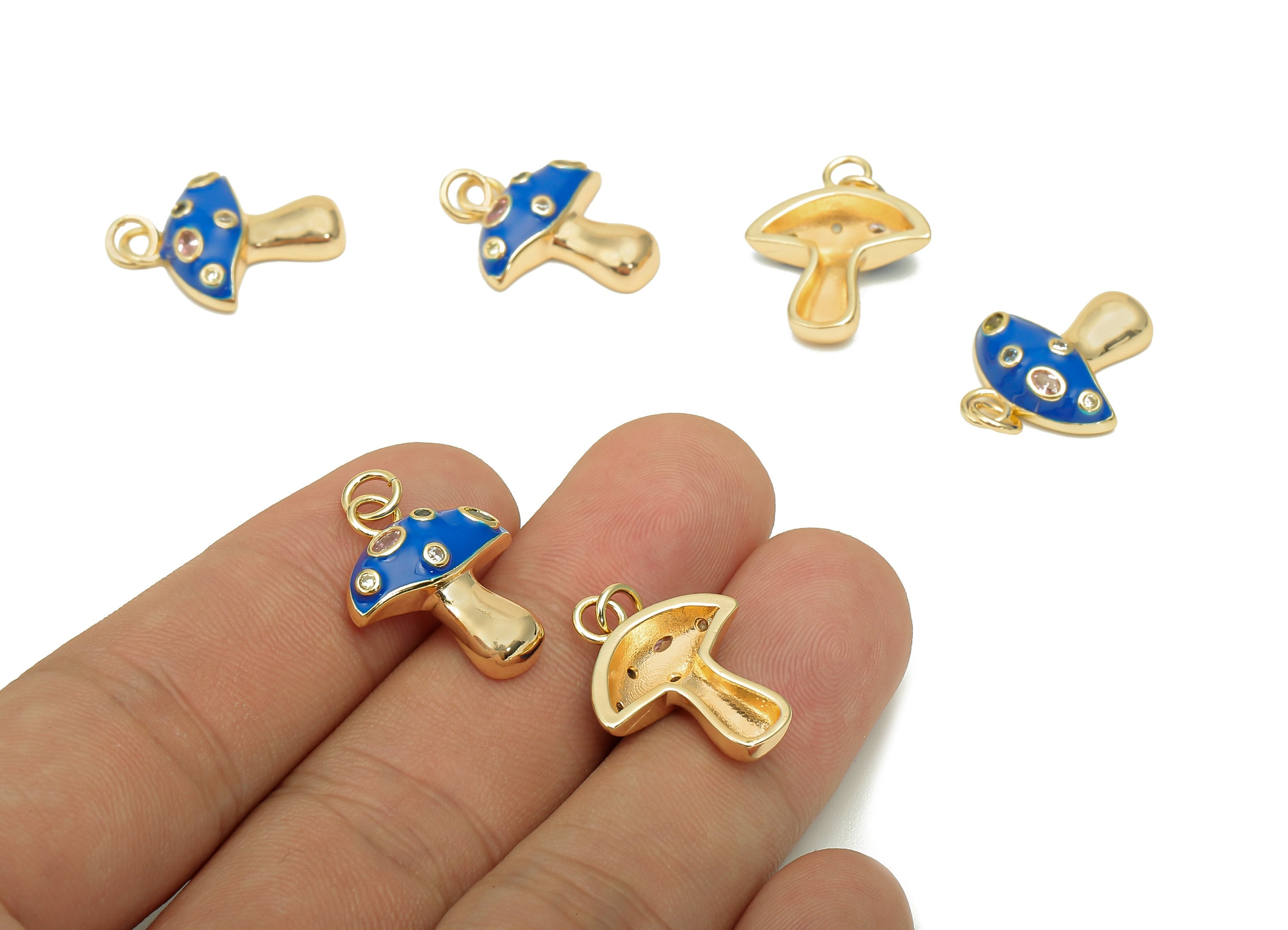 Brass Enamel Mushroom Pendant - Zircon Navy Fungus Earring Charm - Necklace Charm With Loop - 18K Real Gold Plating - 23x16.9x1.5mm-RGP5662A - DOMEDBAZAAR