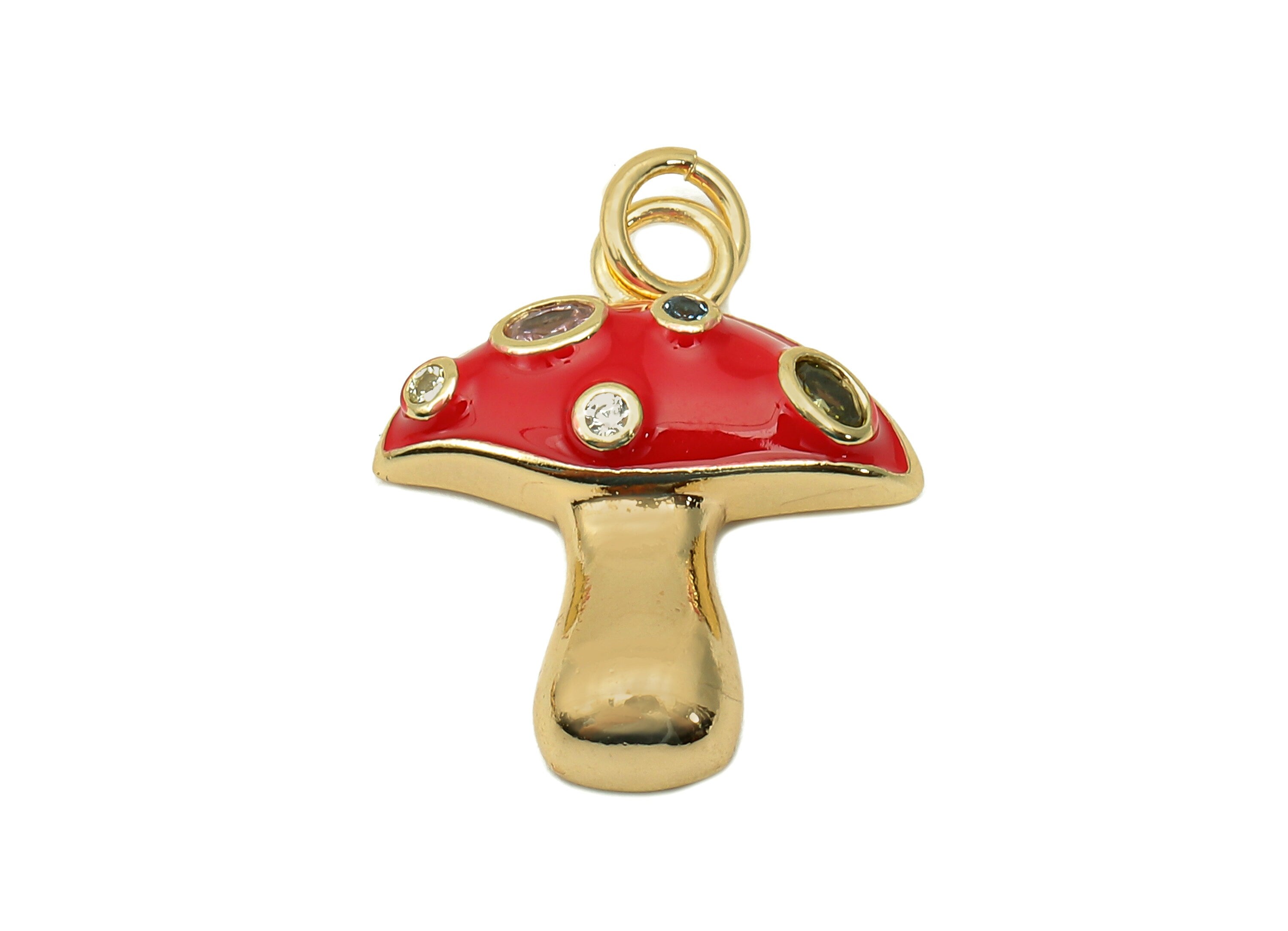 Brass Enamel Mushroom Pendant - Zircon Red Fungus Earring Charm - Necklace Charm With Loop - 18K Real Gold Plating - 23x16.9x1.5mm -RGP5662B - DOMEDBAZAAR