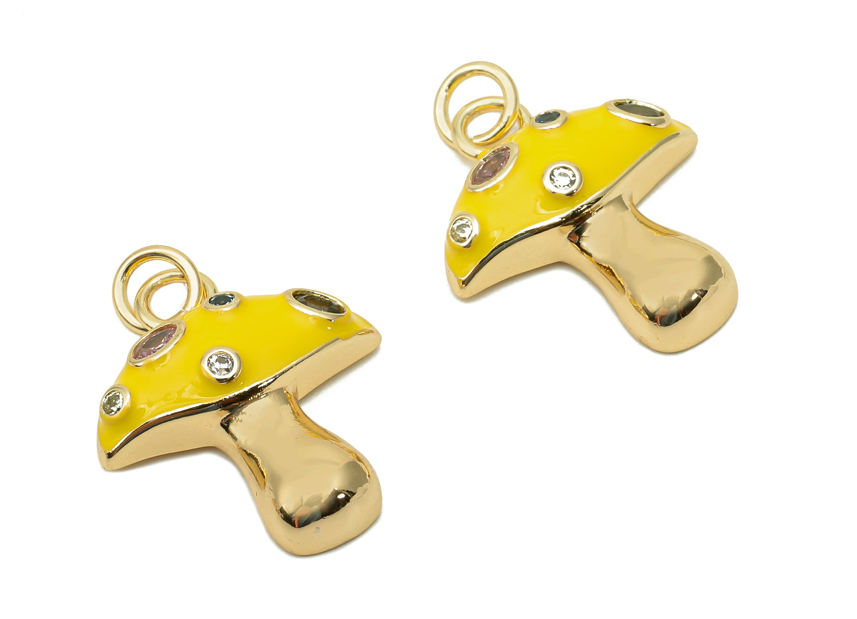 Brass Enamel Mushroom Pendant - Zircon Yellow Fungus Earring Charm - Necklace Charm With Loop - 18K Real Gold Plating-23x16.9x1.5mm-RGP5662C - DOMEDBAZAAR