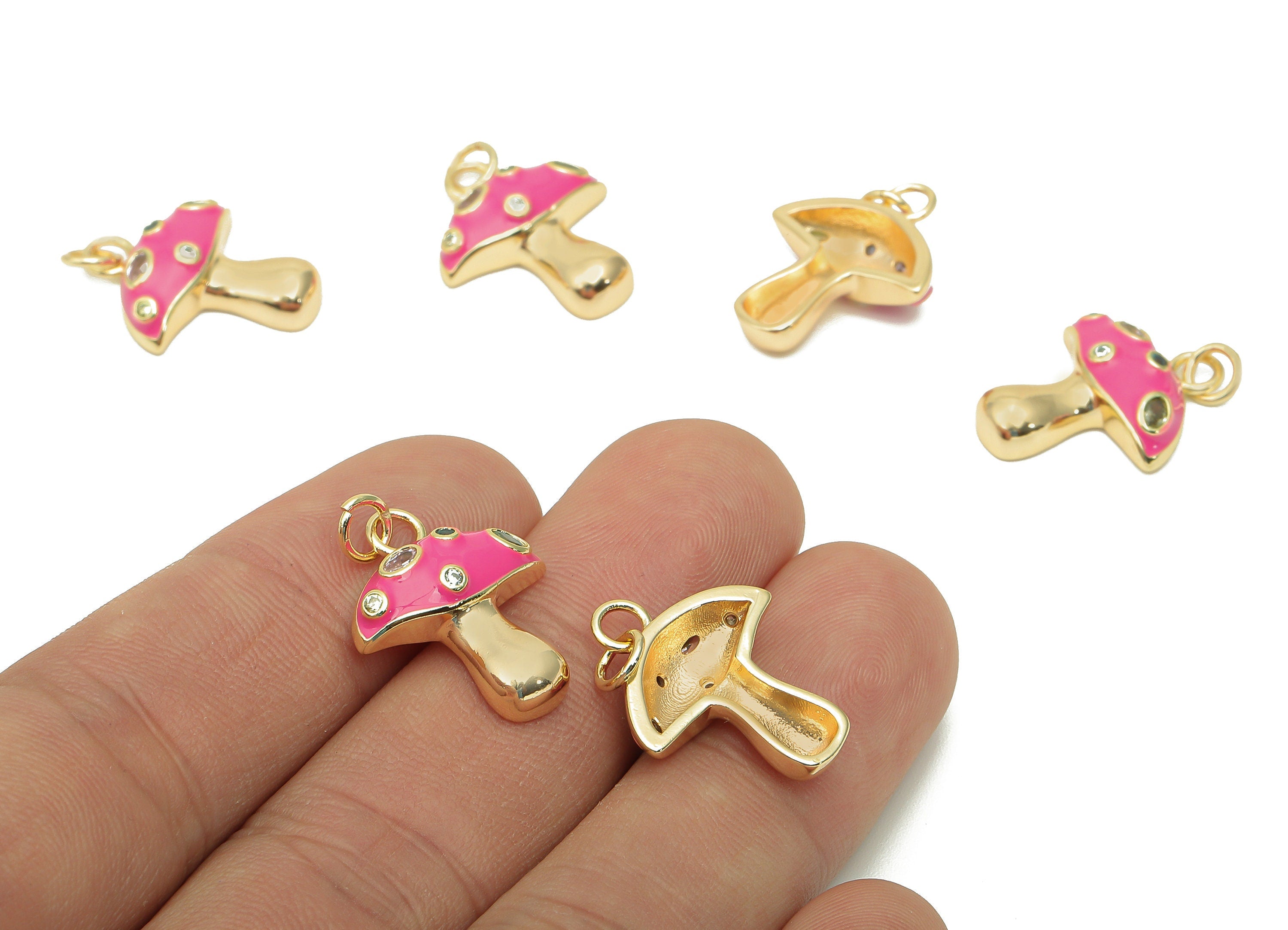 Brass Enamel Mushroom Pendant - Zircon Pink Fungus Earring Charm - Necklace Charm With Loop - 18K Real Gold Plating - 23x16.9x1.5mm-RGP5662E - DOMEDBAZAAR