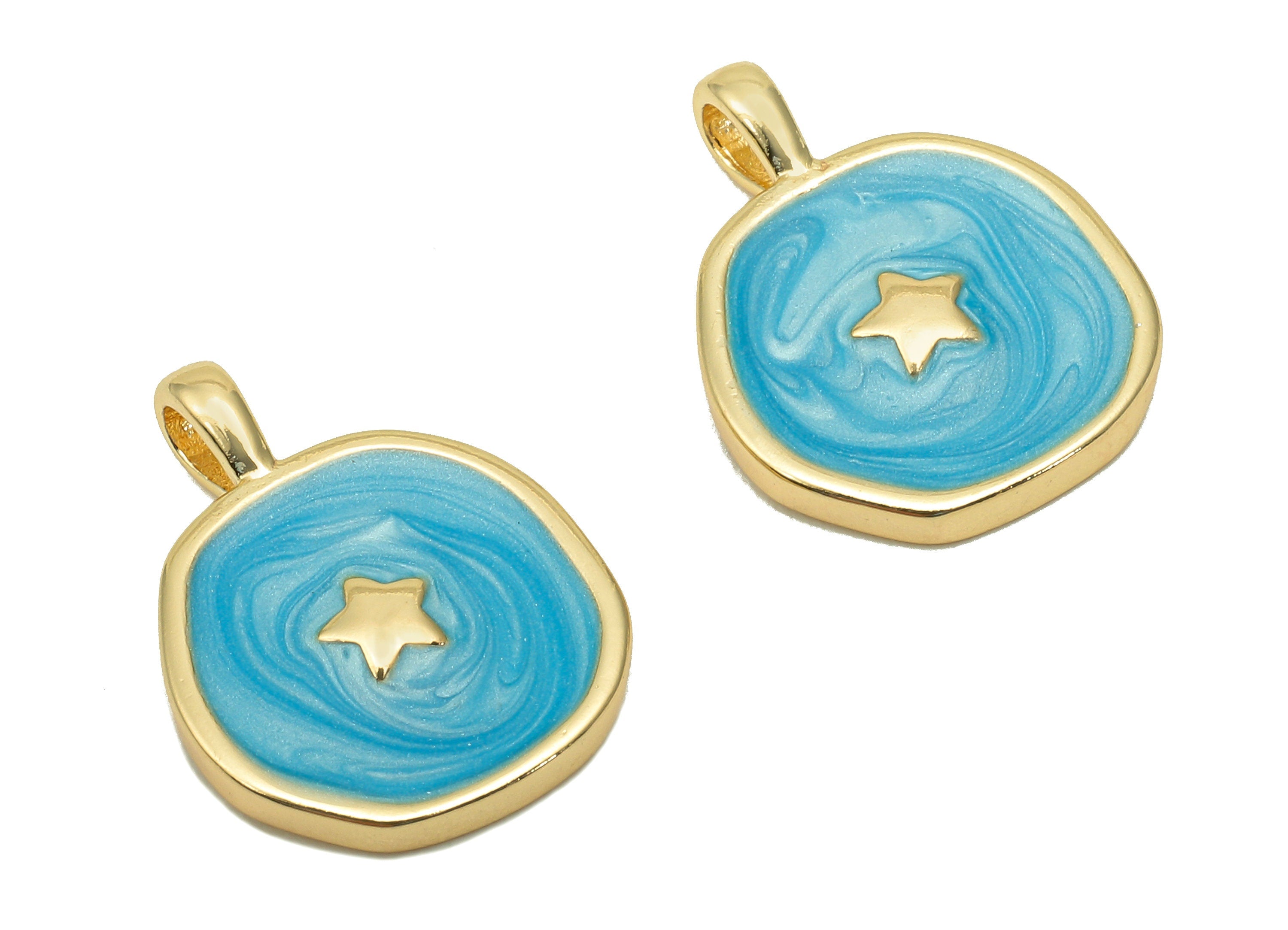Brass Hammered Round Star Pendant - Blue Circle Enamel Earring - Necklace Charm With Loop - 18K Real Gold Plating - 17.5x13.3x1.8mm-RGP5664C - DOMEDBAZAAR