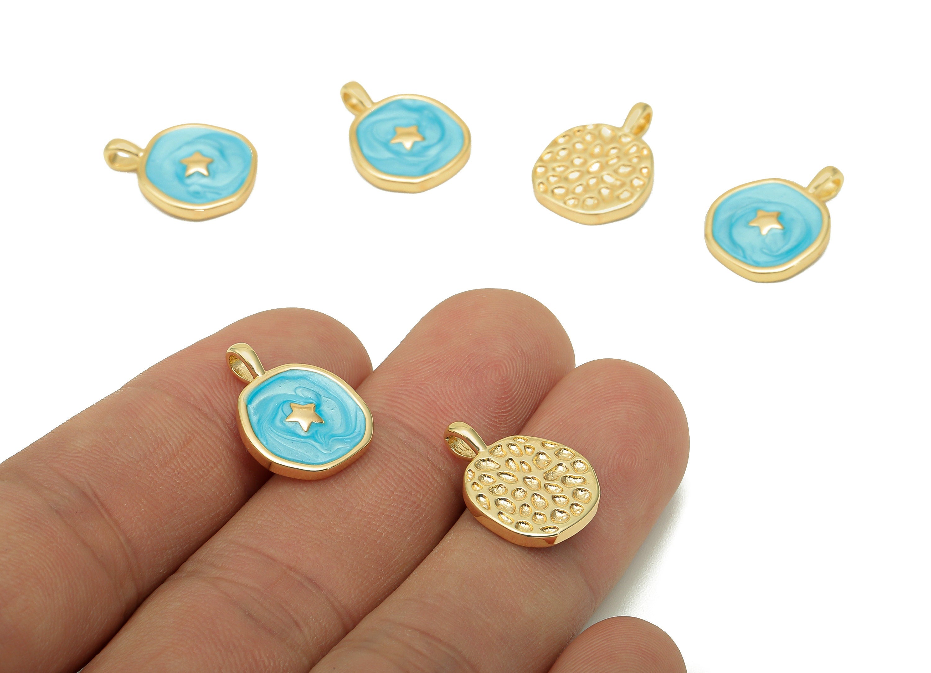 Brass Hammered Round Star Pendant - Blue Circle Enamel Earring - Necklace Charm With Loop - 18K Real Gold Plating - 17.5x13.3x1.8mm-RGP5664G - DOMEDBAZAAR