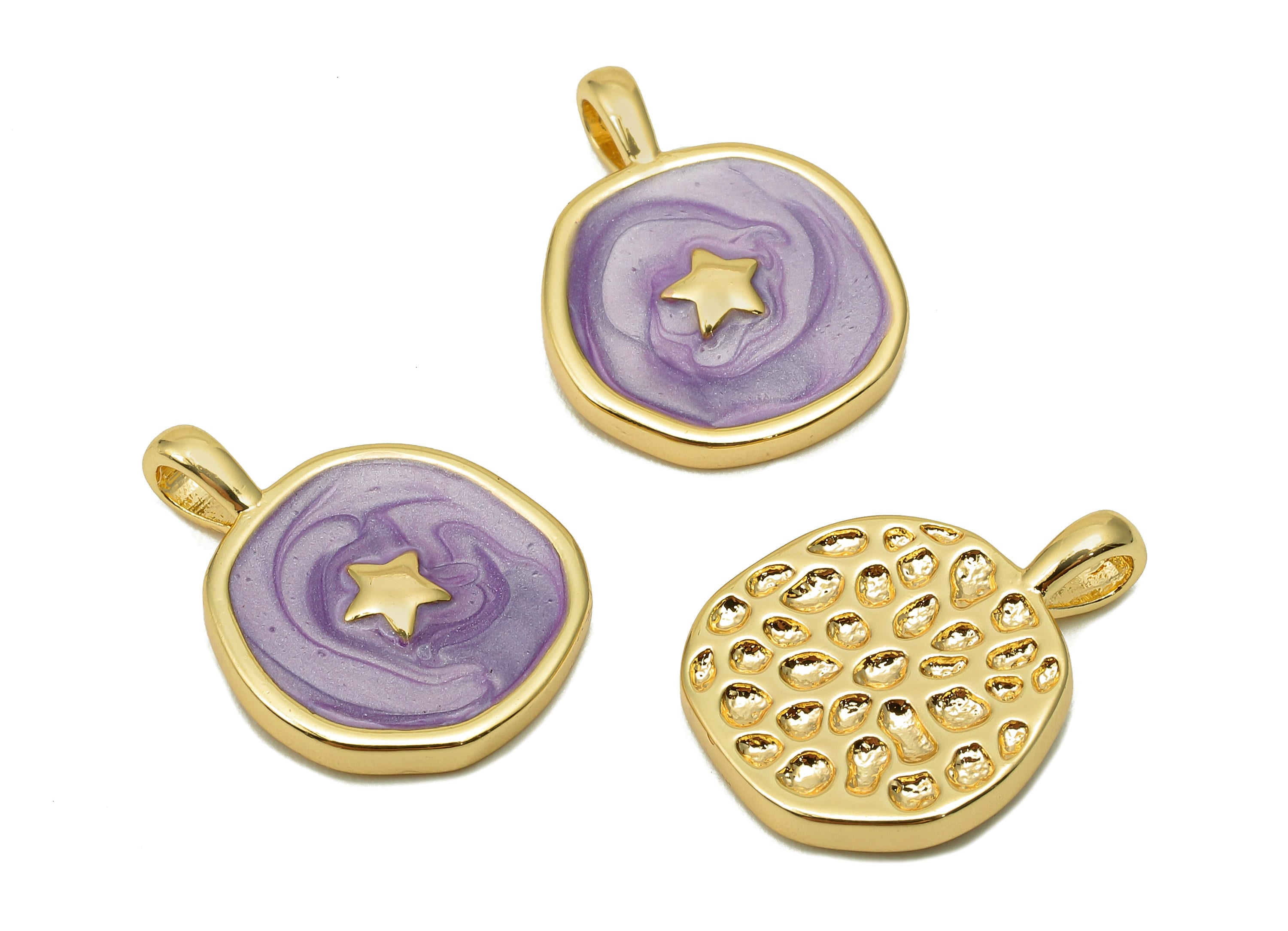 Brass Hammered Round Star Pendant - Purple Circle Enamel Earring - Necklace Charm With Loop - 18K Real Gold Plating-17.5x13.3x1.8mm-RGP5664H - DOMEDBAZAAR
