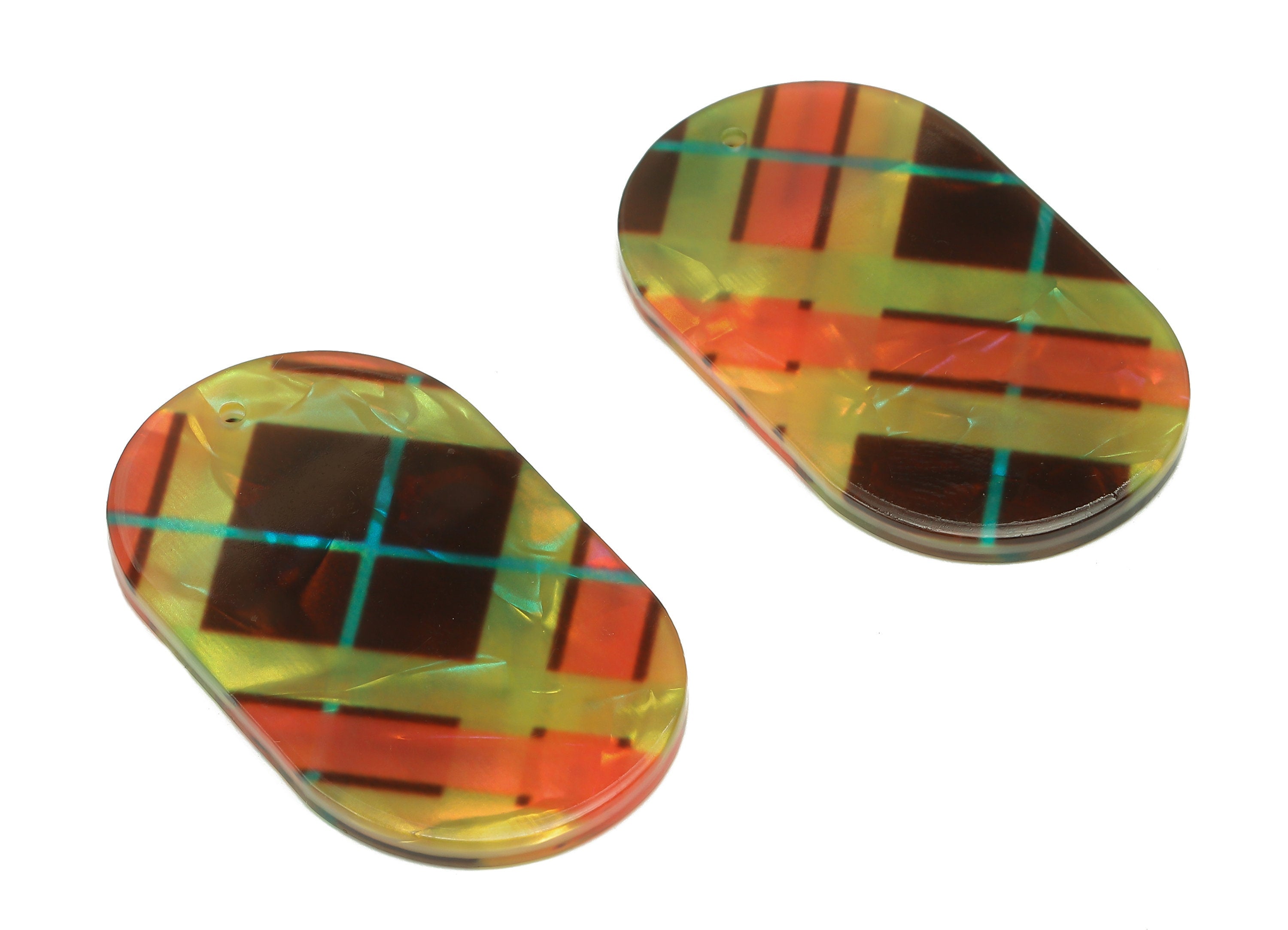 PVC Oval Lattice Print Earring Charm - Rainbow Color Oval Pendant With Hole - Earring Findings - Color Code: A876 - 40x24x3mm - AC2547-A876 - DOMEDBAZAAR