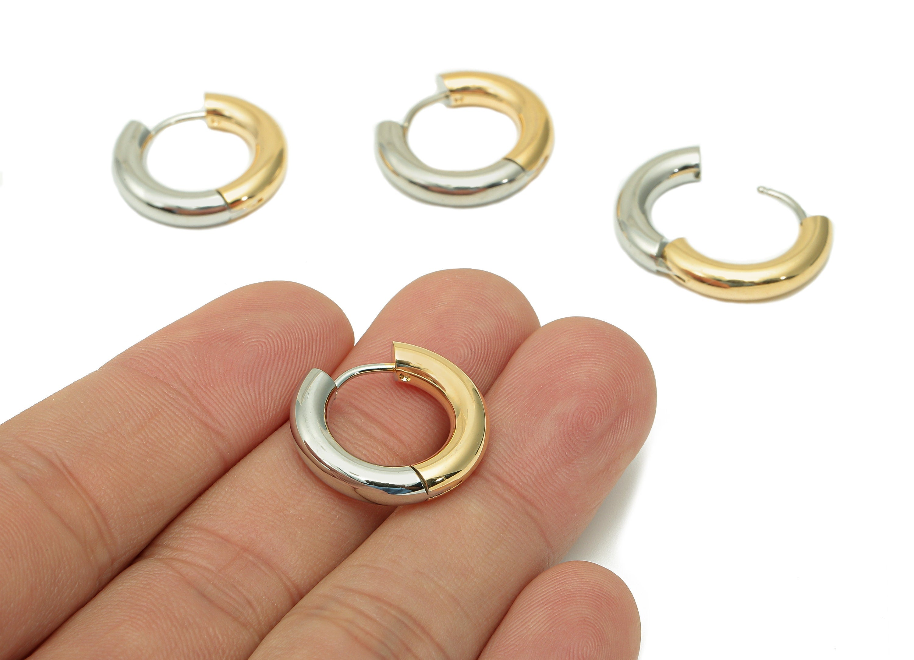 Brass Thick Huggie Hoop Clasp - Round Huggies Earring - Stainless Steel Stud - 18K Real Gold & White Gold Plating - 20.8x18.8x4mm-RGP5676-20 - DOMEDBAZAAR