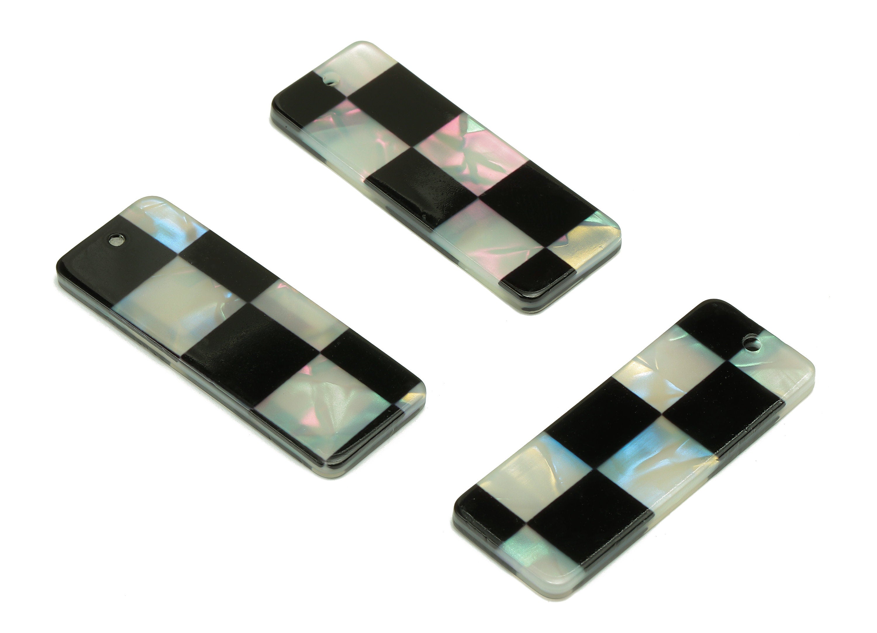 PVC Rectangle Earring Charm - Black & White Checkered Pendant With Hole - Earring Findings - Color Code: A878 - 40x15x2.4mm - AC2549-A878 - DOMEDBAZAAR