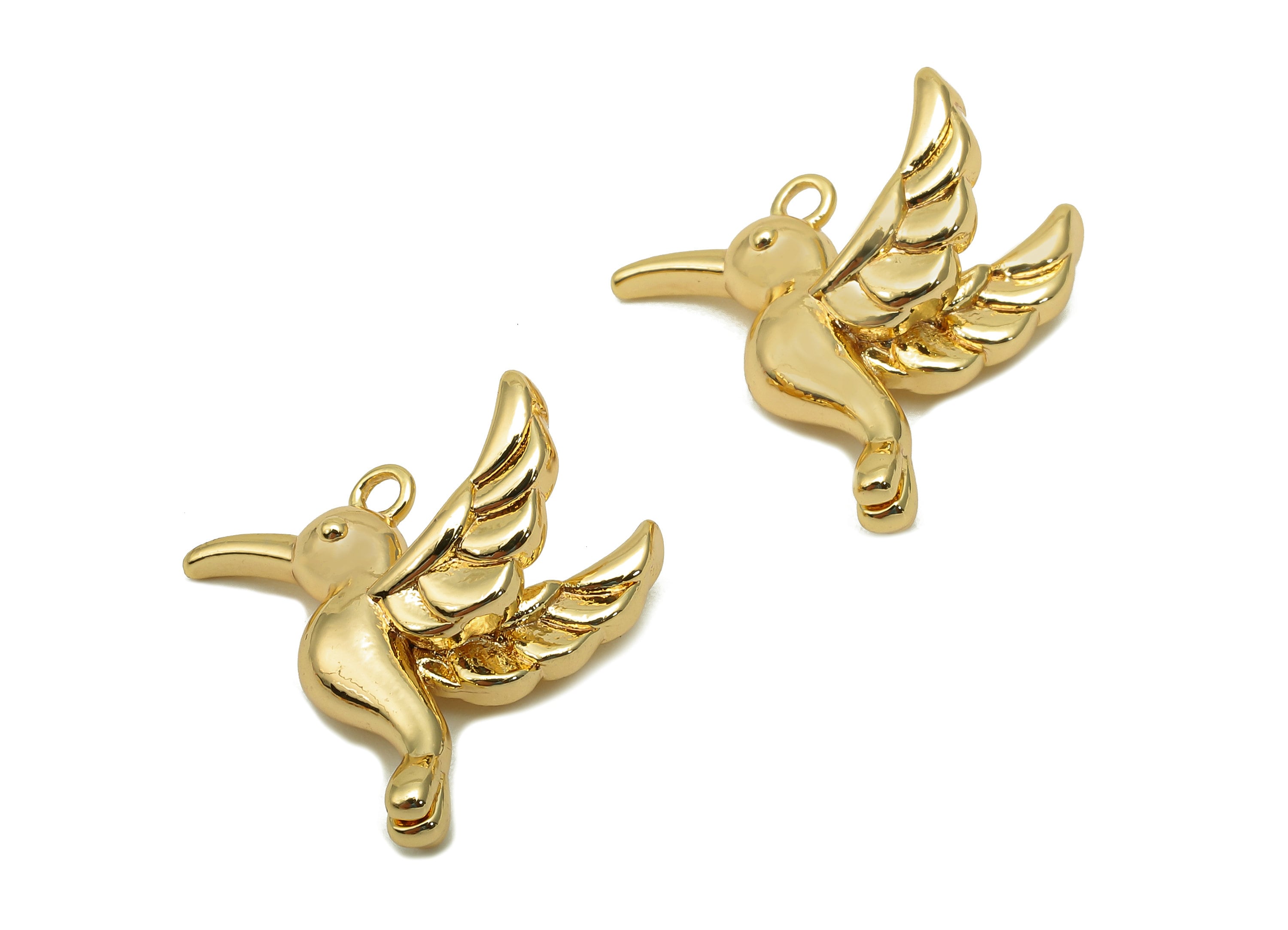 Brass Hummingbird Earrings Charms - Gold Animal Earring - Bird Pendant With Loop - 18K Real Gold Plating Charm - 15.1x17.3x3.7mm - RGP5687 - DOMEDBAZAAR
