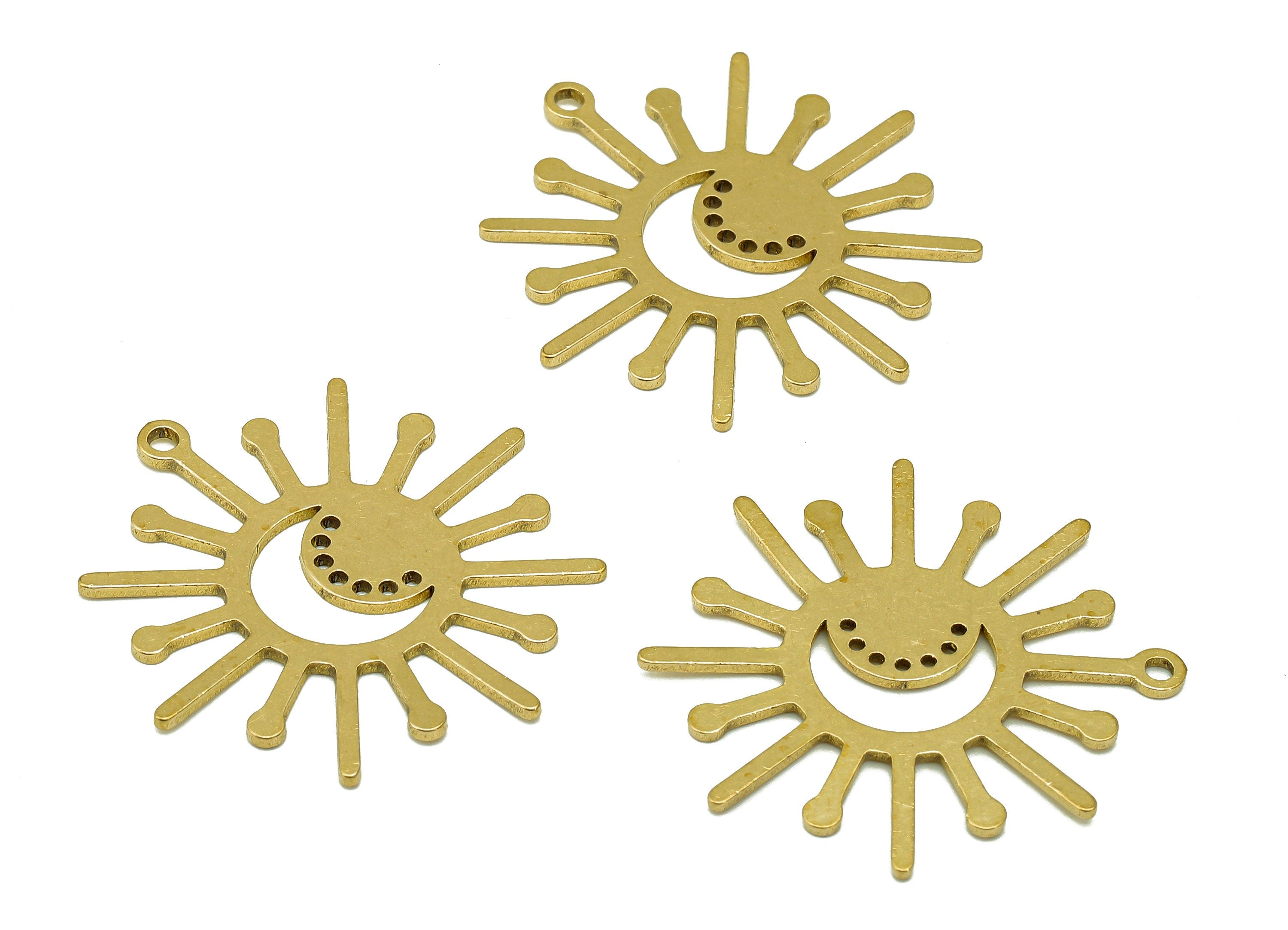 Brass Sun Crescent Earring Charm - Raw Brass Celestial Sun Moon Earring - Crescent Dots Pendant With Loop - For Necklace - 34x16x1mm-PPA6662 - DOMEDBAZAAR
