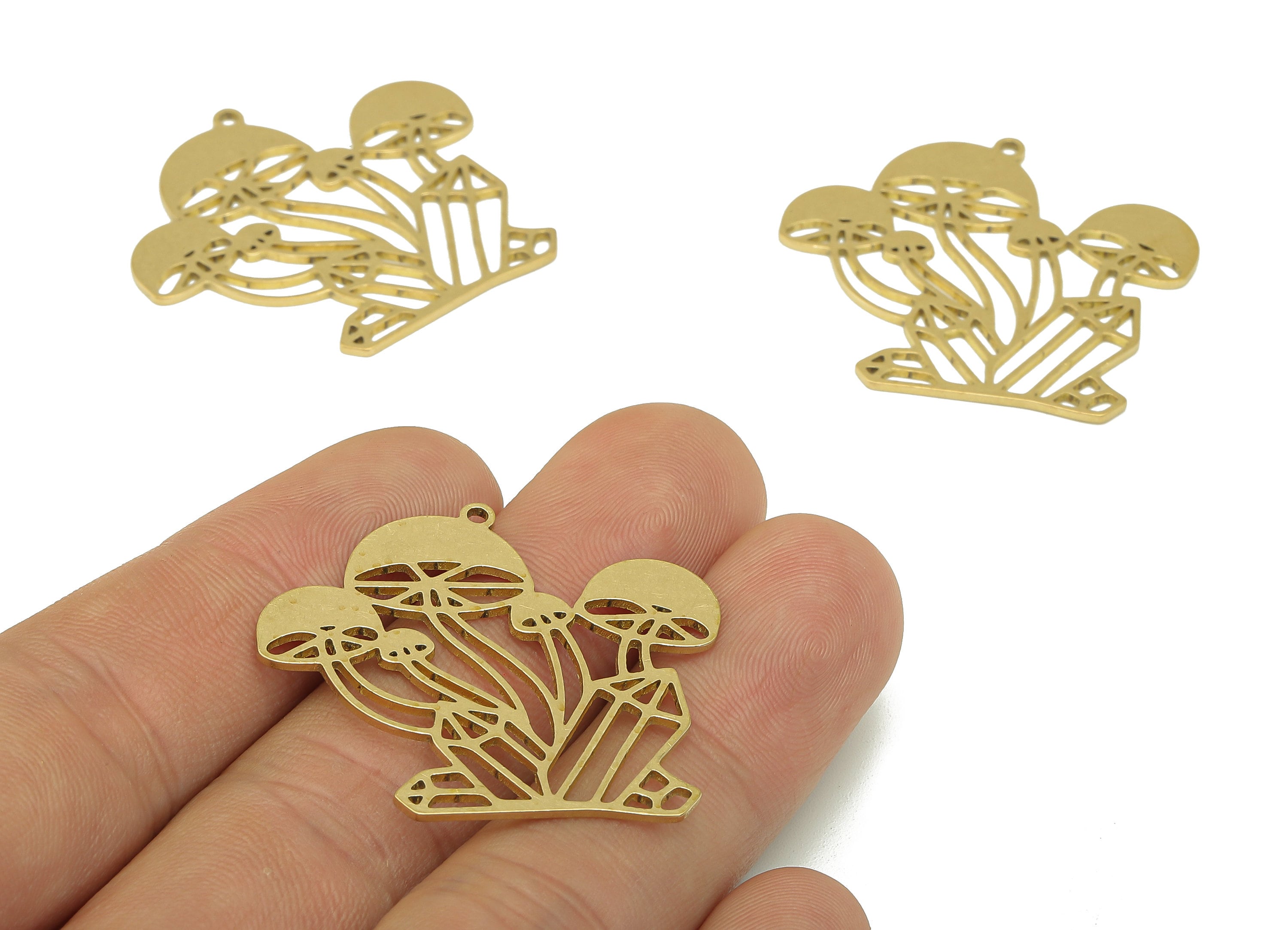Brass Mushroom Earring Charms - Raw Brass Crystal Pattern Earring - Fungus Pendant With Loop - Botanical Charms- 37.1x32.3x0.9mm - PPA6671 - DOMEDBAZAAR