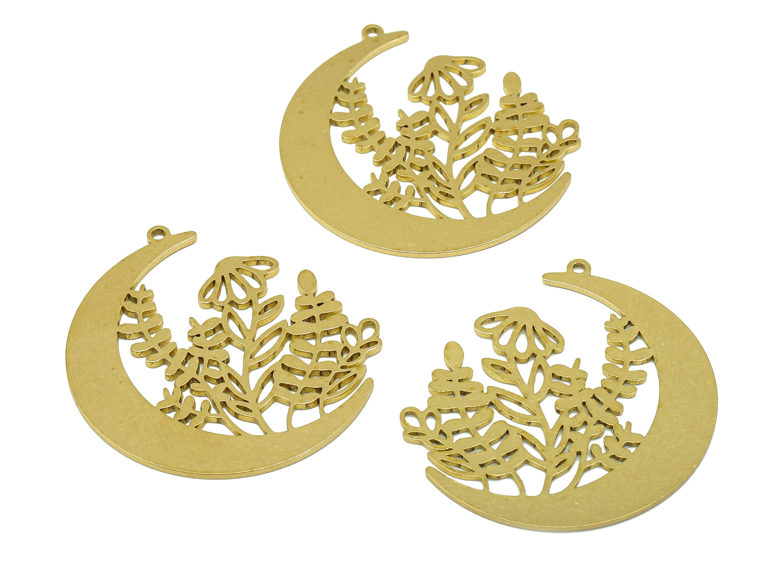 Brass Crescent Earring Charm - Raw Brass Moon Botanical Pendant - Leaves Earring With Loop - Flower Charm For Necklace - 36x34x1mm - PPA6677 - DOMEDBAZAAR