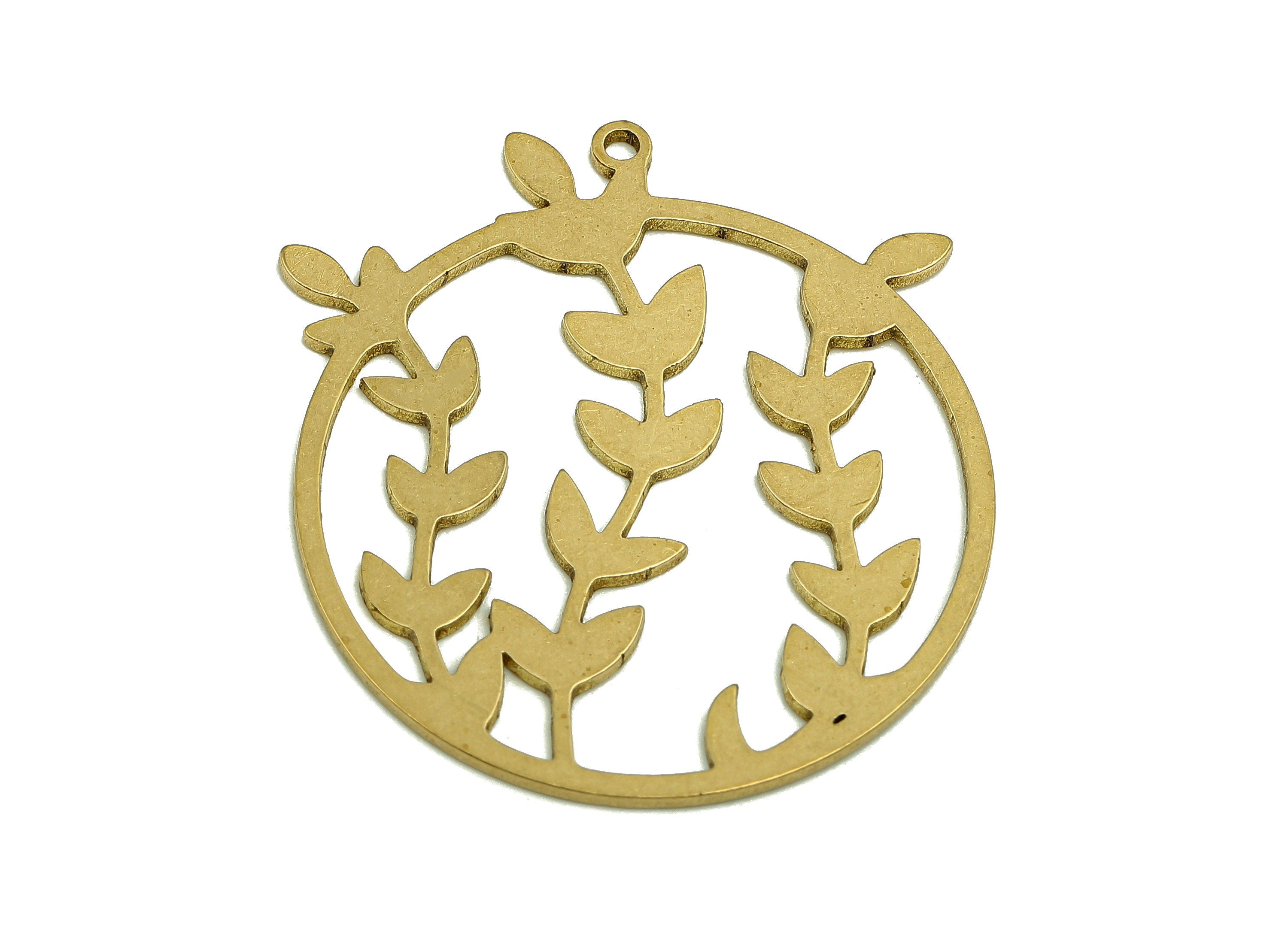 Brass Round Leaf Earring Charm - Raw Brass Circle Earring - Branch Pendant With Loop - Leaves Charm For Necklace - 35.9x31.4x0.9mm - PPA6719 - DOMEDBAZAAR